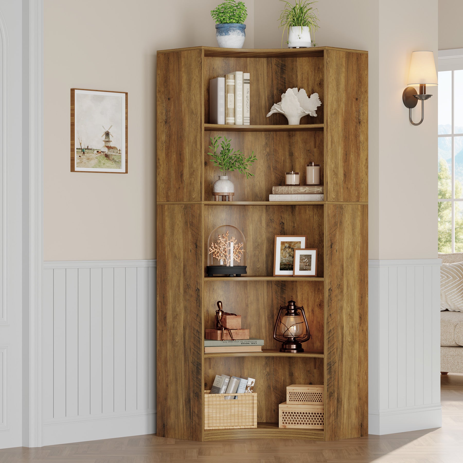 180 cm Hoge Hoekboekenkast, Landelijke Opbergkast met Gebogen Randen voor Woonkamer