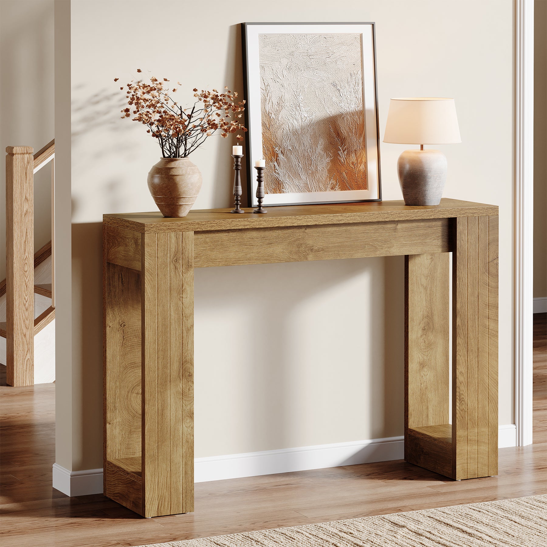 105 cm Houten Consoletafel met Dubbele Basis, Moderne Haltafel voor Entree en Woonkamer