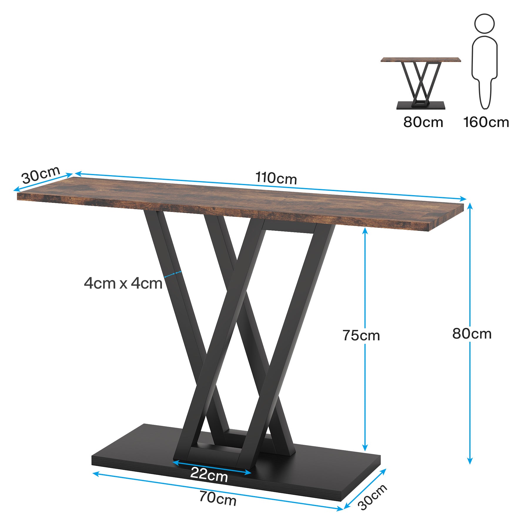 110 cm Industriële Console, Smalle Entréetafel met Stabiel Metalen Frame in Bruin