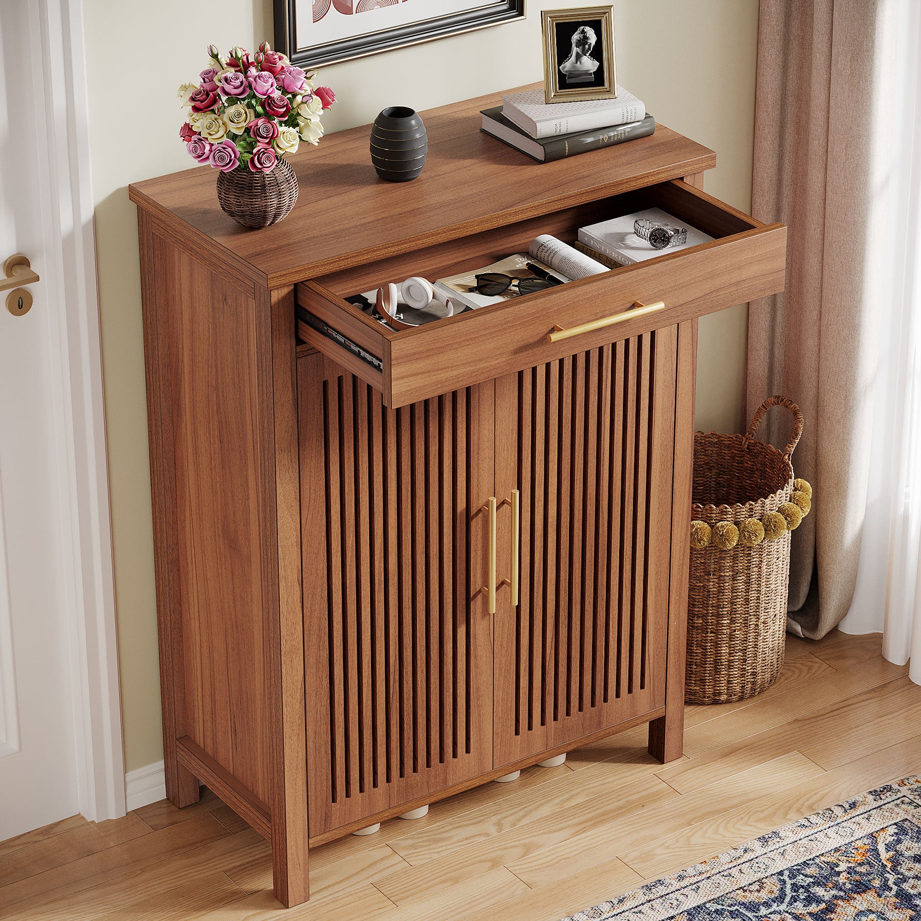 Smal Schoenenmeubel 80 cm, Verstelbare Kast Met 5 Planken En Lamellendeuren