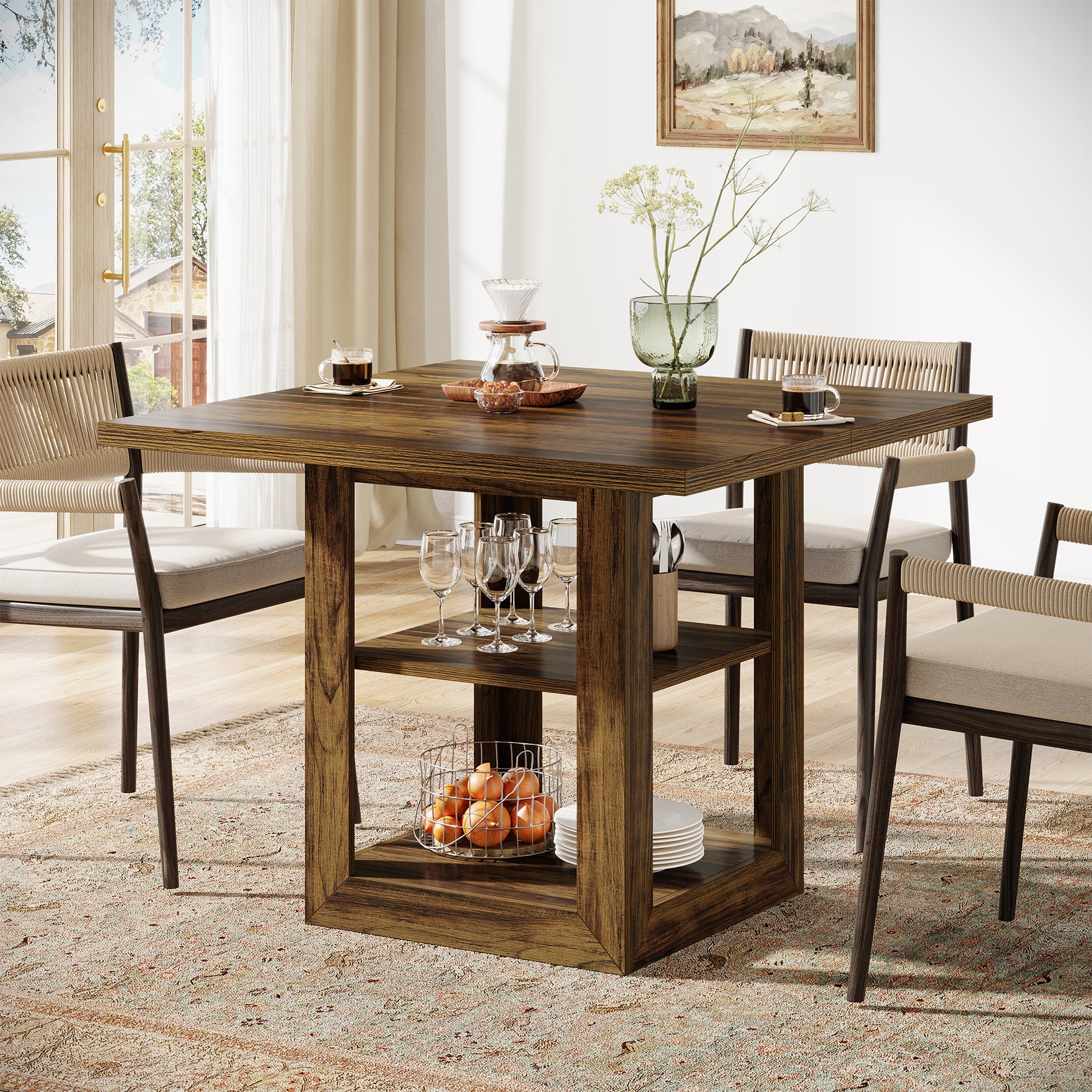 Tribesigns 79 cm Vierkante Eettafel voor 4 Personen, Met 2-Tier Opbergruimte