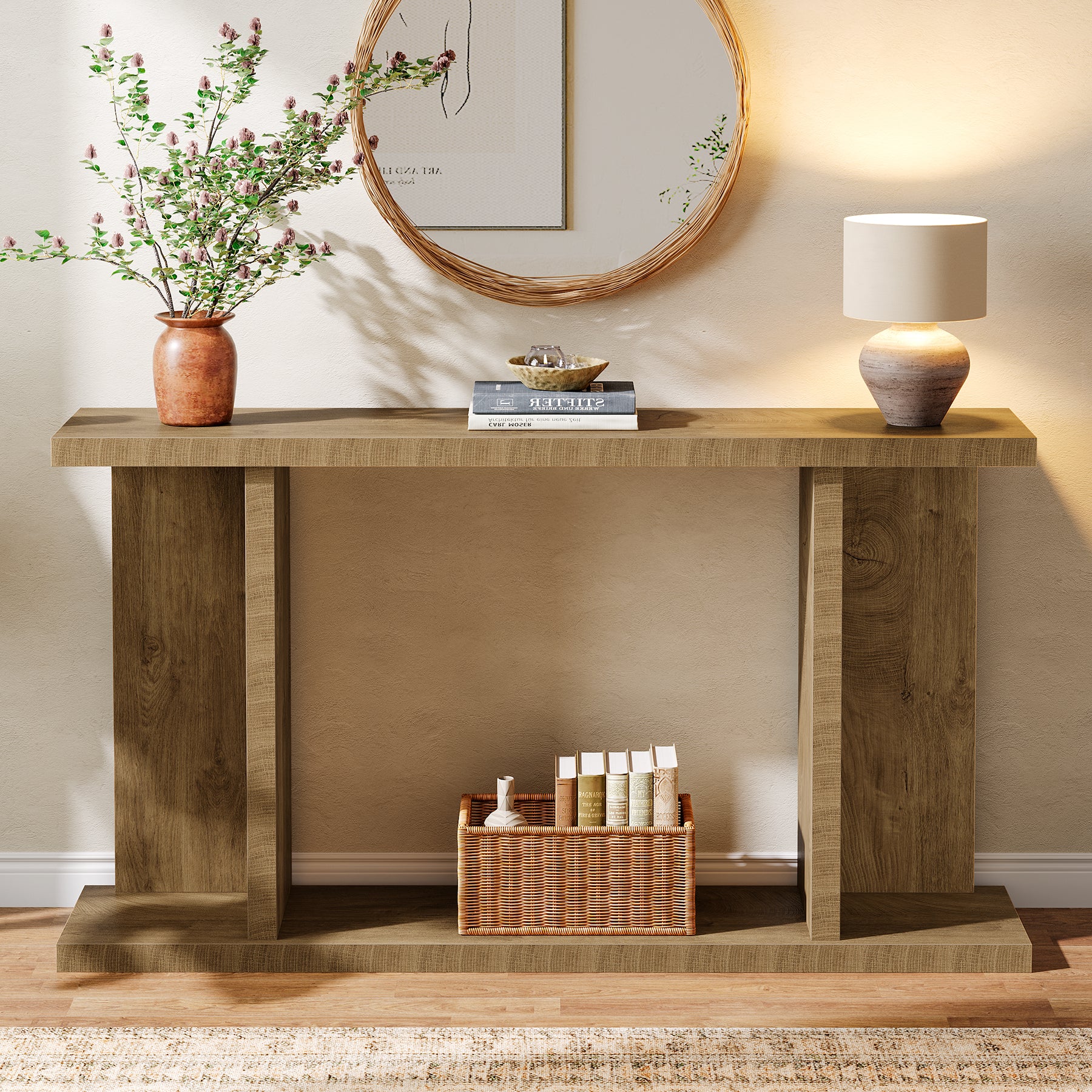 140 cm Consoletafel, 2-Laags Landelijke Banktafel voor Achter de Bank