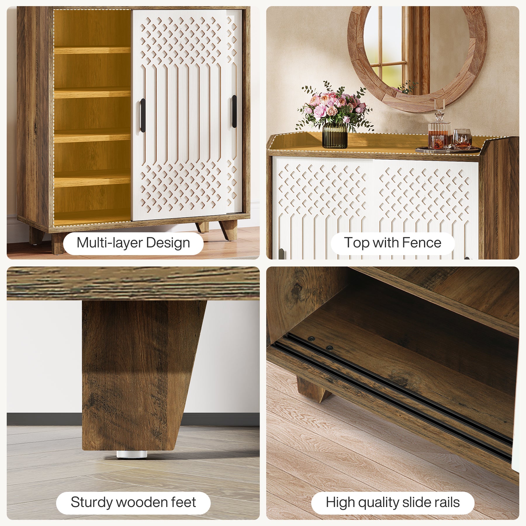 90 cm Keukenkast, Landelijke Buffet met Schuifdeuren en Geometrisch Patroon