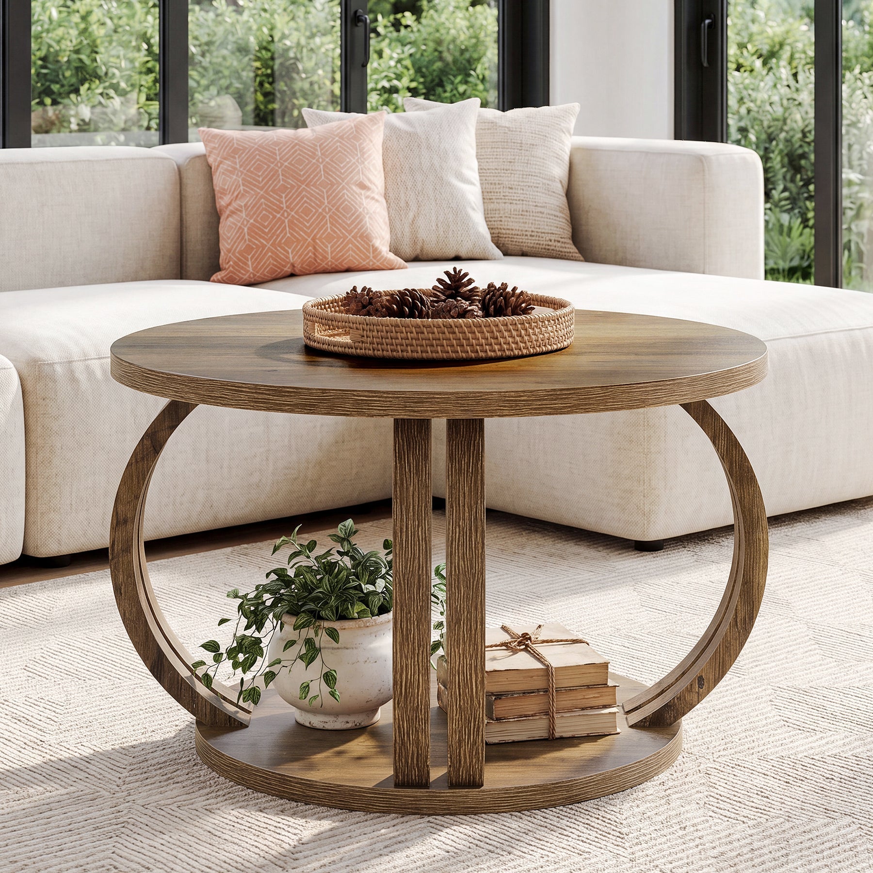 Tribesigns ronde salontafel 80 cm met plank, woonkamertafel met sculpturale zuilvoet