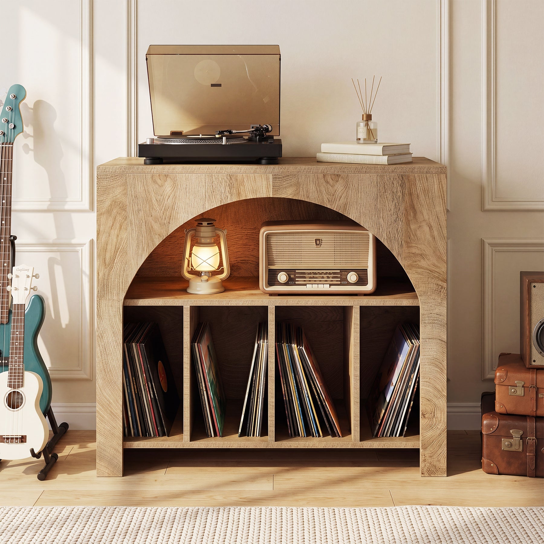 Tribesigns platenspelermeubel met opbergruimte, vinylkast met 2 niveaus in retrostijl