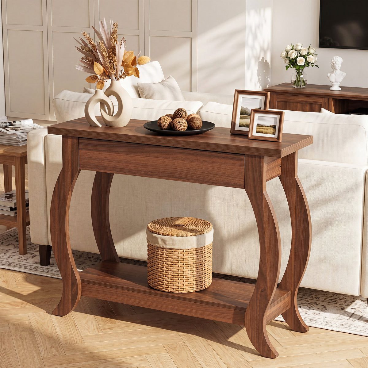105 cm smalle consoletafel met lade en open opbergplank, landelijke haltafel met gebogen poten voor woonkamer