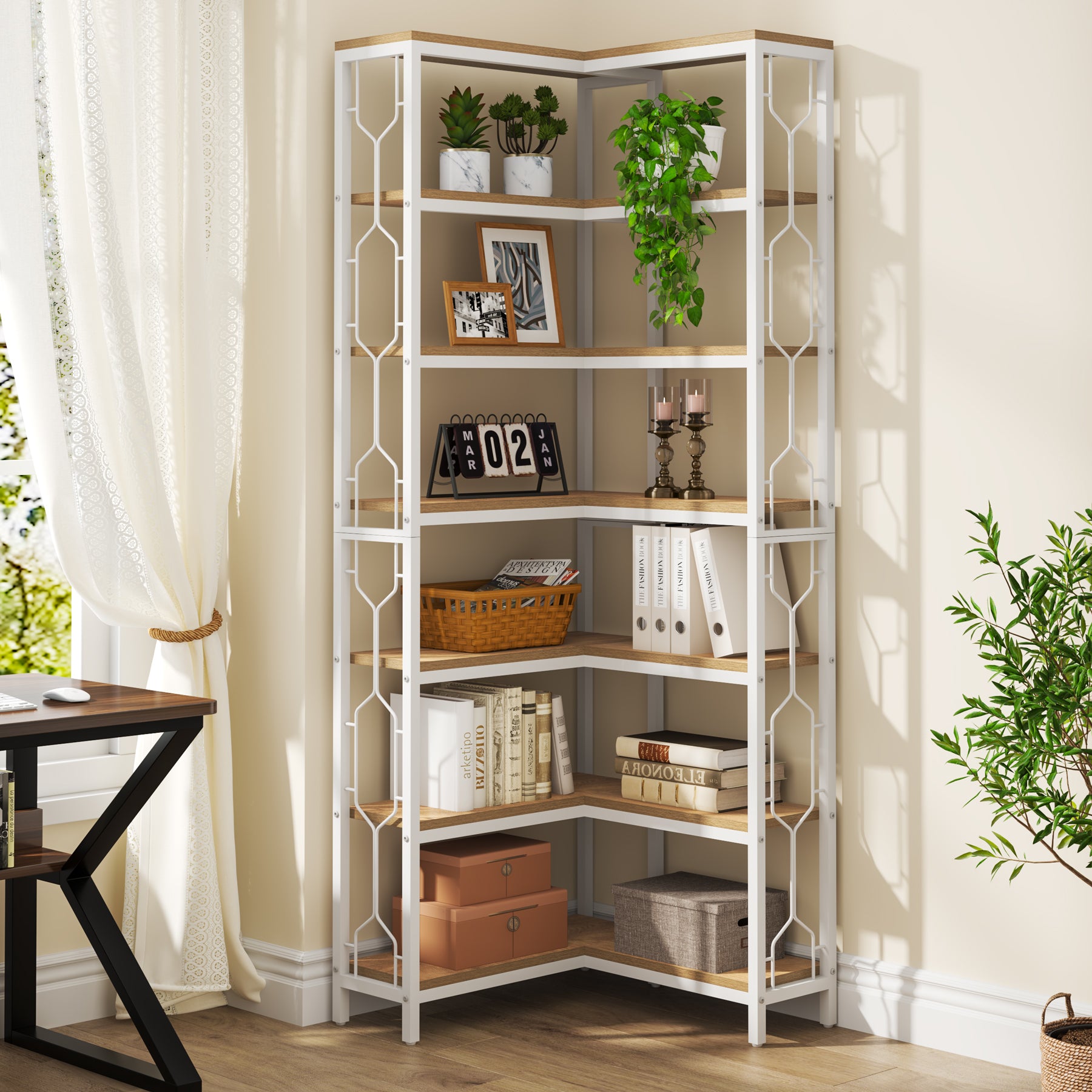 200 cm Hoge Industriële Hoekkast, 7-Lags Hoekwandplanken in Rustiek Bruin voor Woonkamer en Kantoor