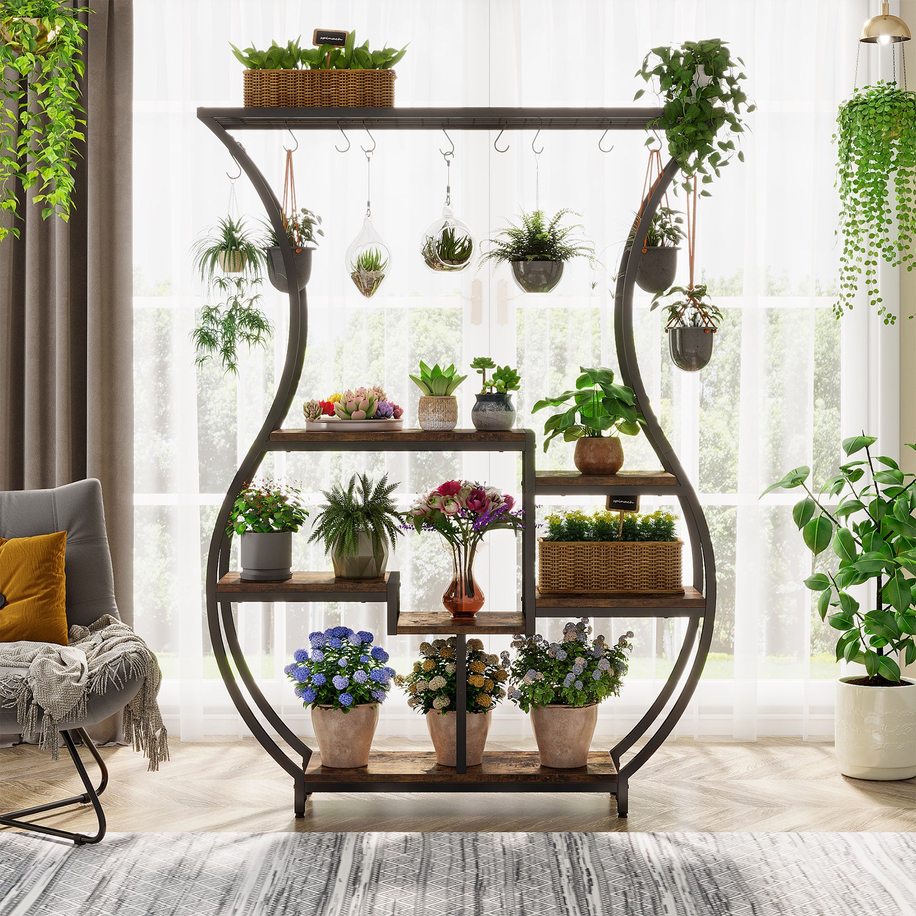 180 cm Tribesigns Plantenrek, 6-Tier Metaal Rek met 10 Haken voor Binnen
