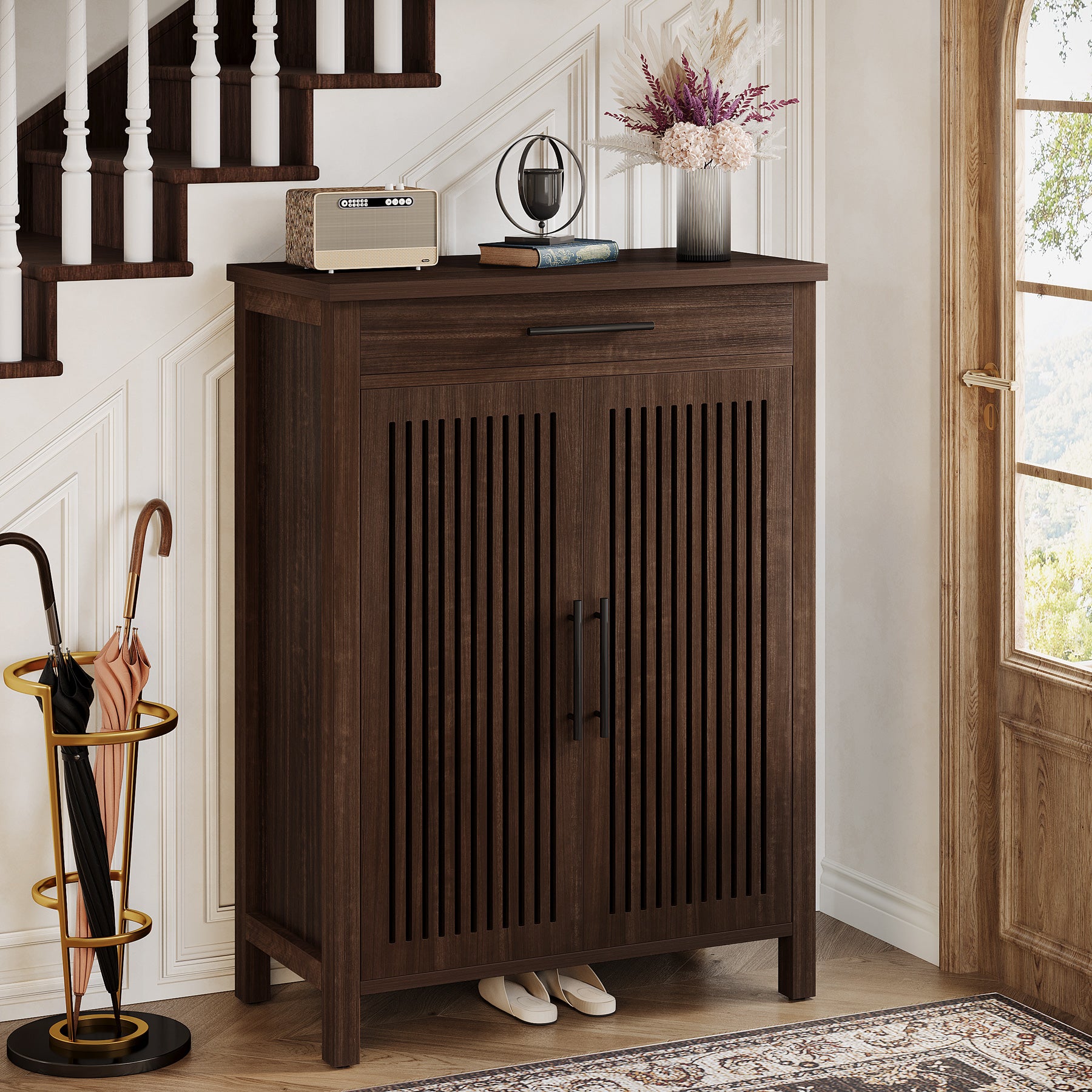 Smal Schoenenmeubel 80 cm, Verstelbare Kast Met 5 Planken En Lamellendeuren