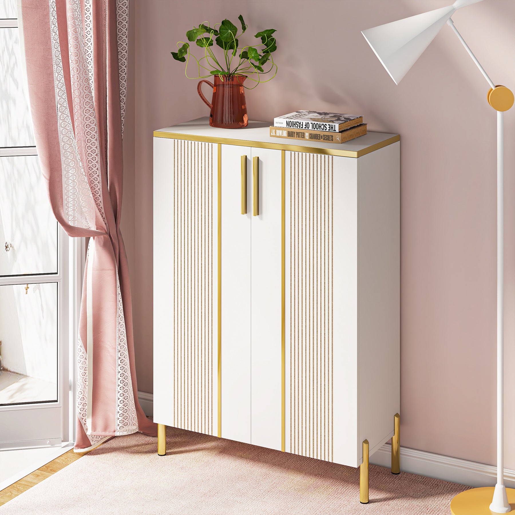 120 cm Hoge Schoenenkast, Witte Opbergmeubel met Zes Planken en Gouden Accenten