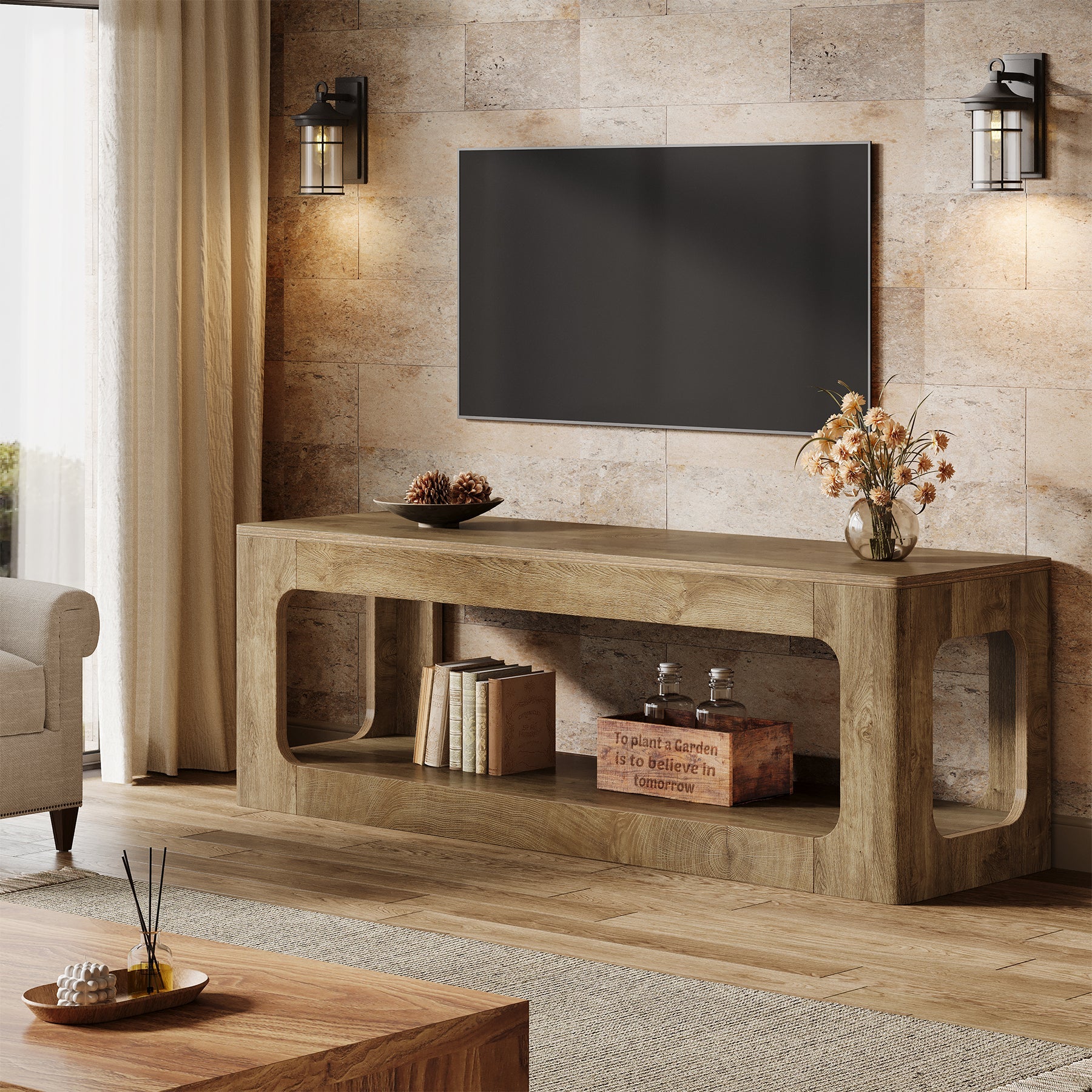 Tribesigns tv-meubel van 160 cm in landelijke stijl, tv-kast voor 55–75 inch televisies met 2 niveaus