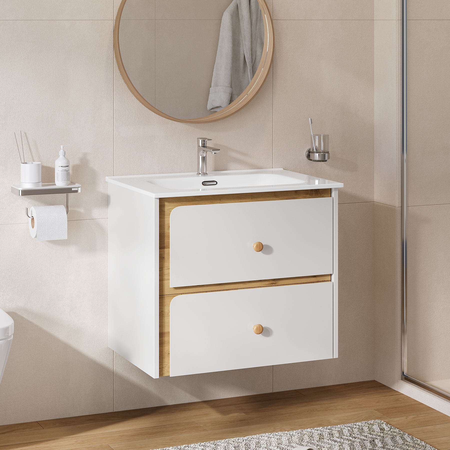 Tribesigns Hangende wastafel met keramieken waskom, Modern badkamermeubel wandgemonteerd met soft-close-deur