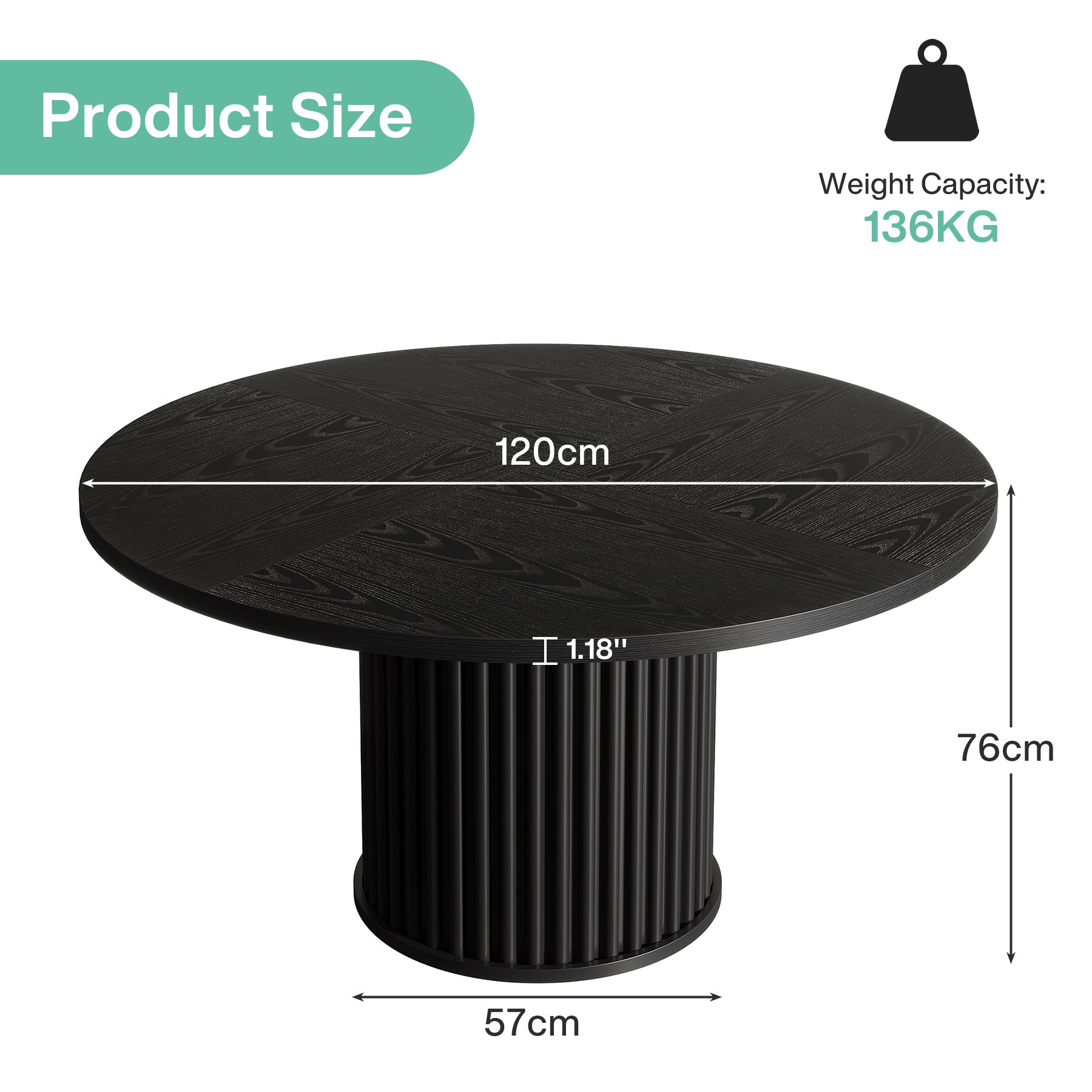 110 cm Zwarte Ronde Eettafel voor 4-6 Personen, Moderne Keukentafel met Metalen Basis