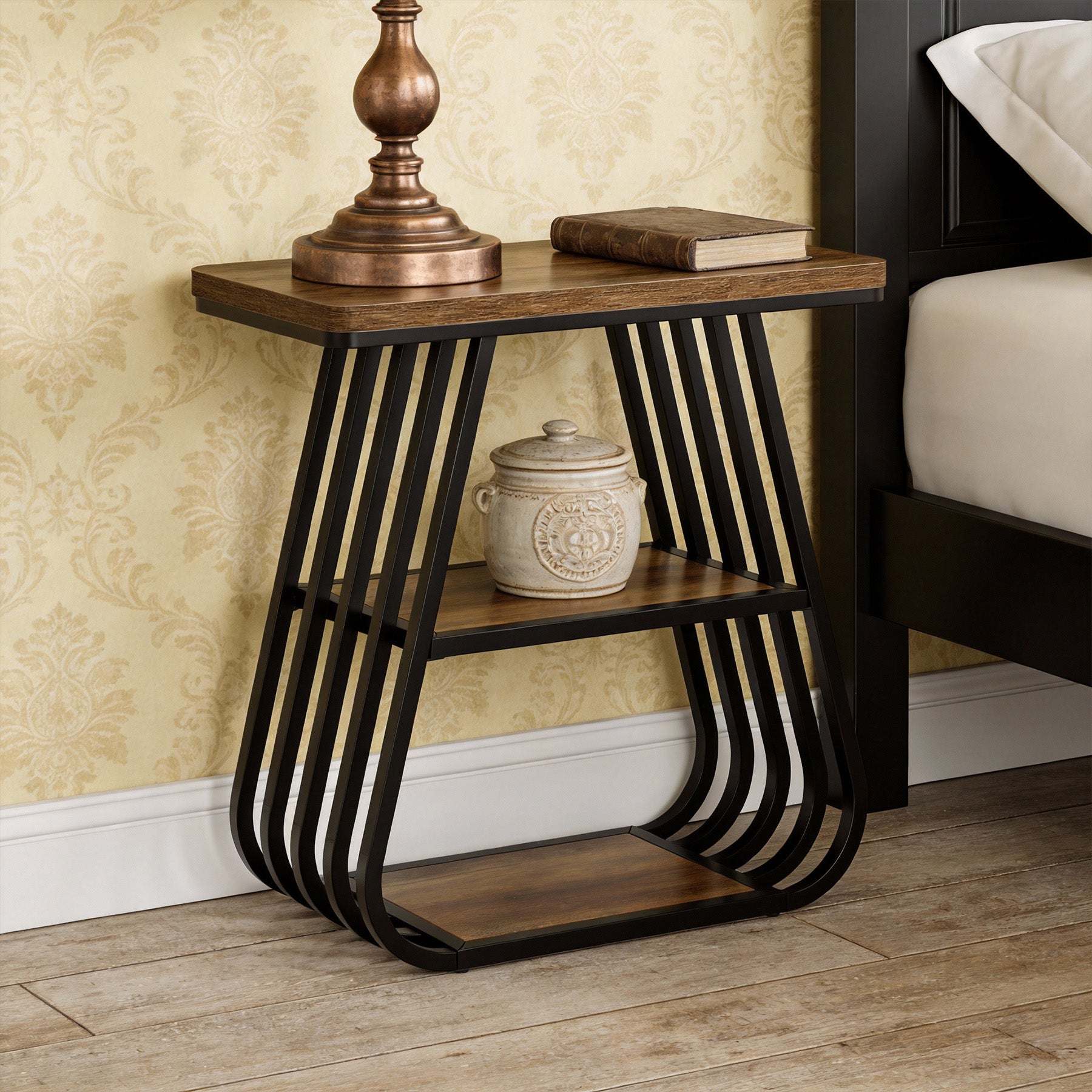 60 cm Bijzettafel voor Woonkamer, 3-Tier Smalle Tafel met Opbergplank in Eikenbruin en Zwart