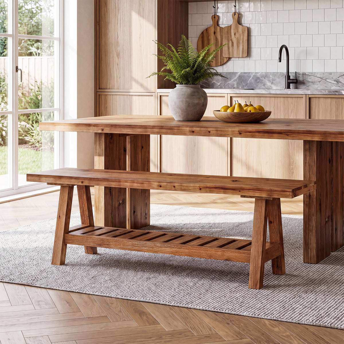 140 cm houten eetbank met open opbergrek en massief hout design, landelijke zitbank voor eetkamer en keuken