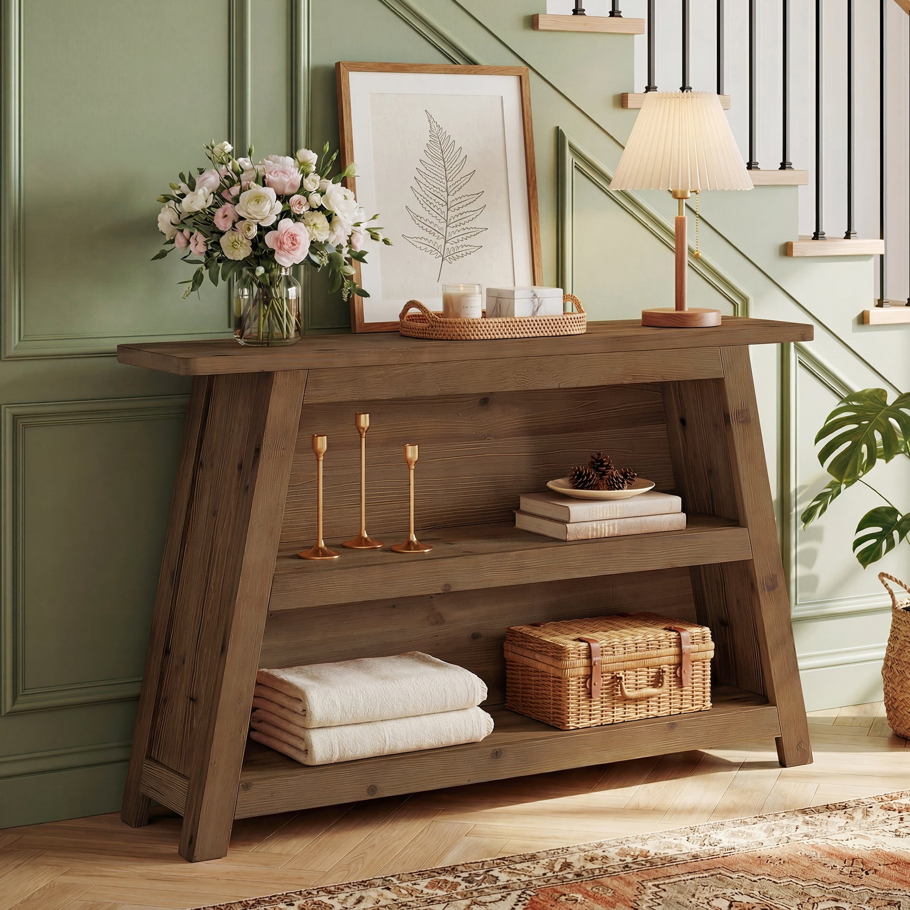 Tribesigns 120 cm massief houten consoletafel, sidetable met 3 planken voor hal