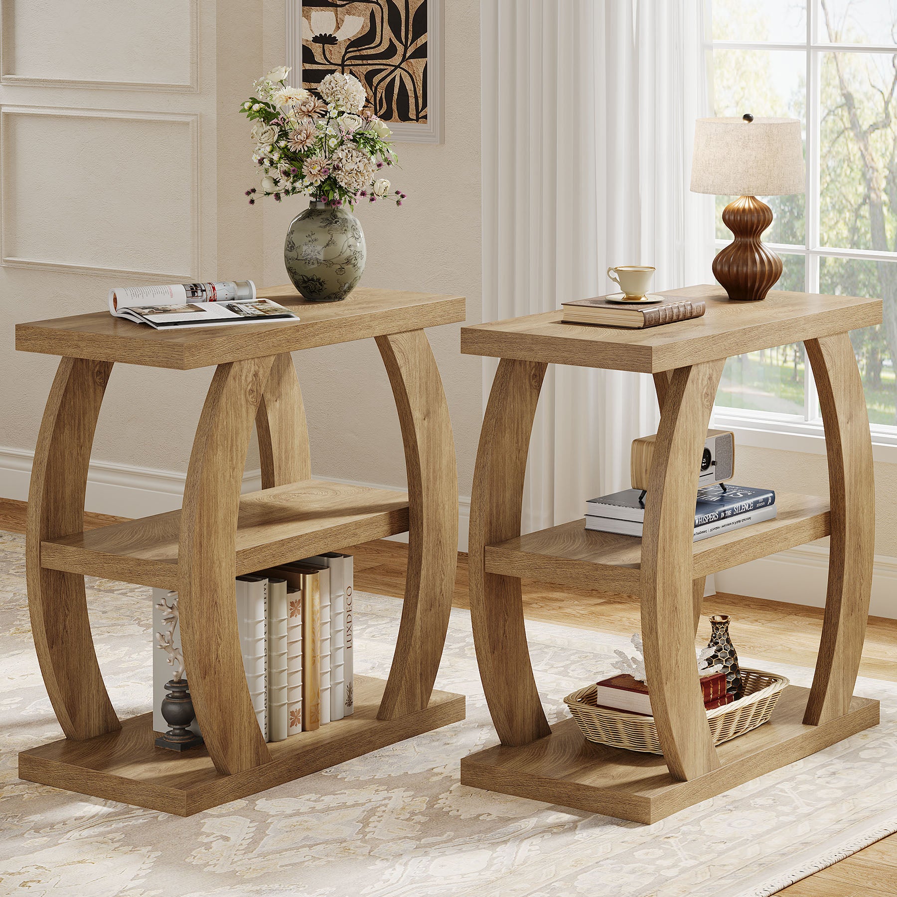 80 cm Hoge Bijzettafel voor Woonkamer, 3-Tier Smalle Tafel met Opbergruimte