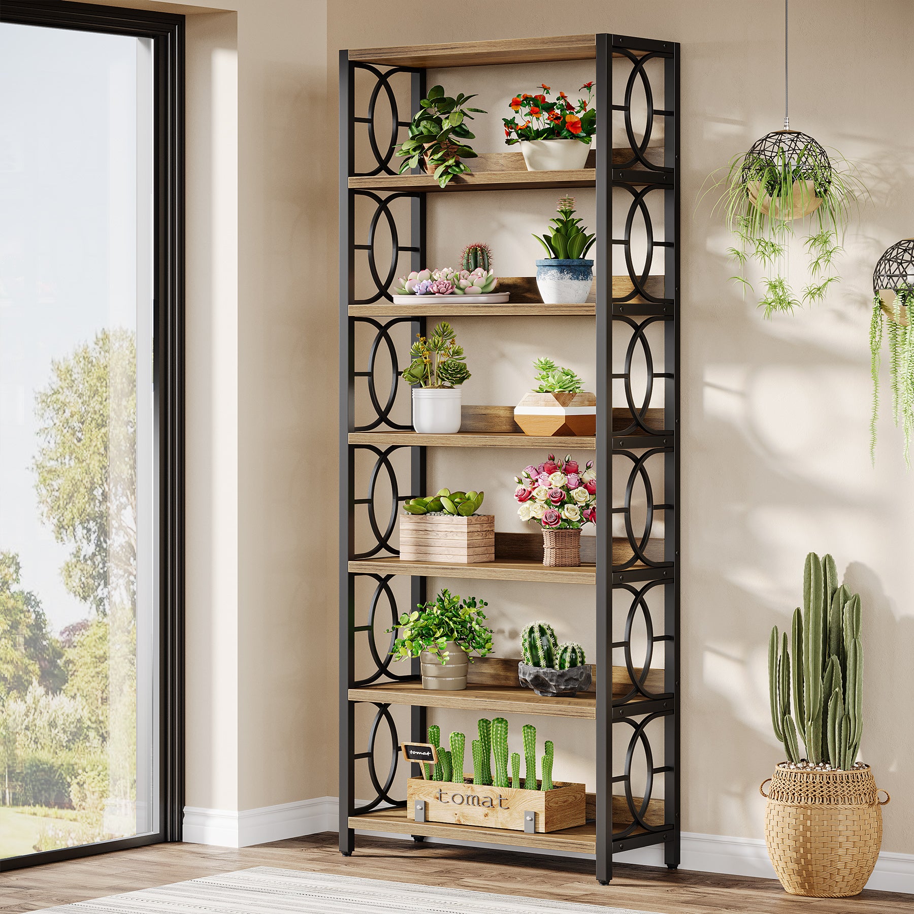 180 cm Houten Plantenstandaard met 6 Niveaus, Industrieel Vrijstaand Plantenrek in Rustiek Bruin en Zwart