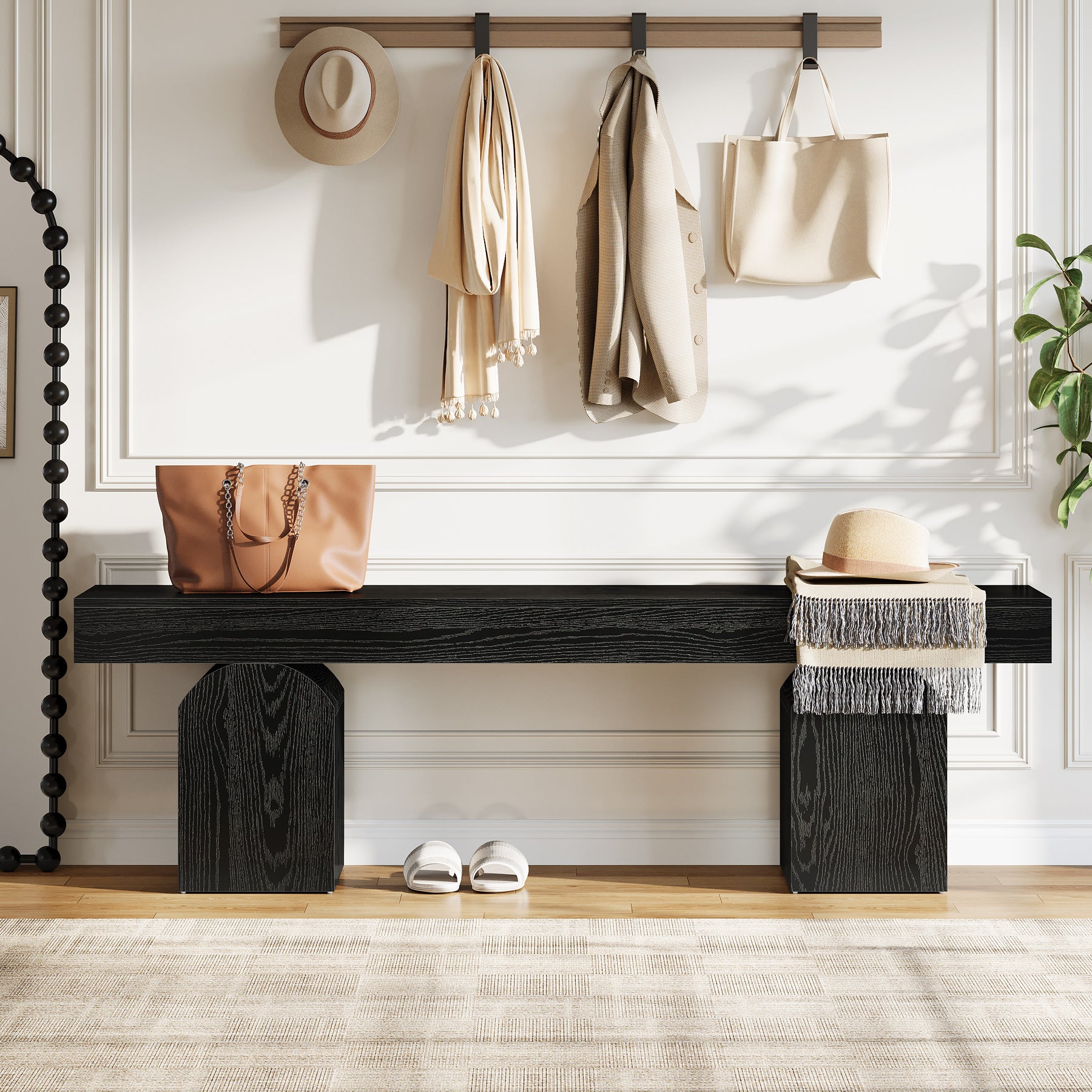 Halbank van 150 cm in Zwart met Gebogen Onderstellen, Houten Binnenbank voor Entree en Woonkamer