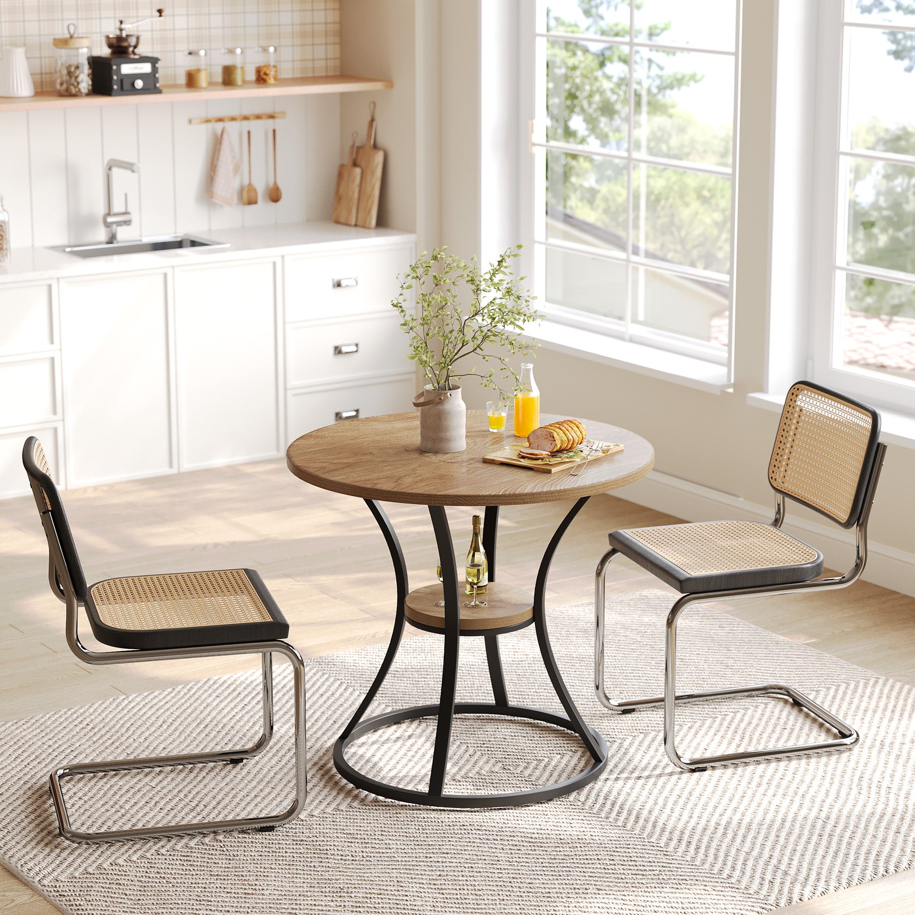 80 cm Ronde Eettafel met Metalen Voet en Opbergruimte, Kleine Keukentafel voor 2–4 Personen