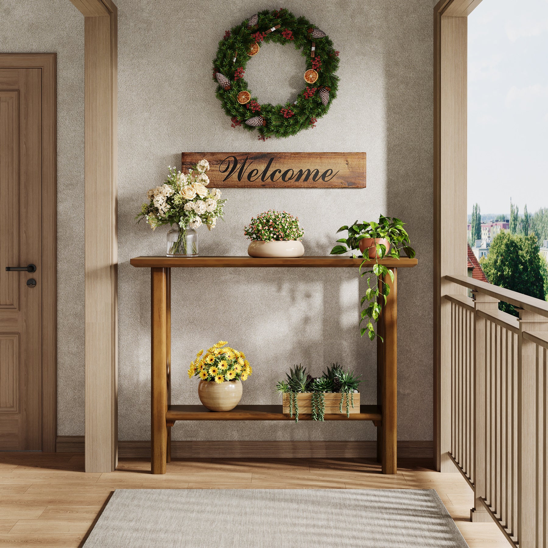 105 cm Entreetafel met 2 Niveaus, Moderne Consoletafel met Massief Houten Poten