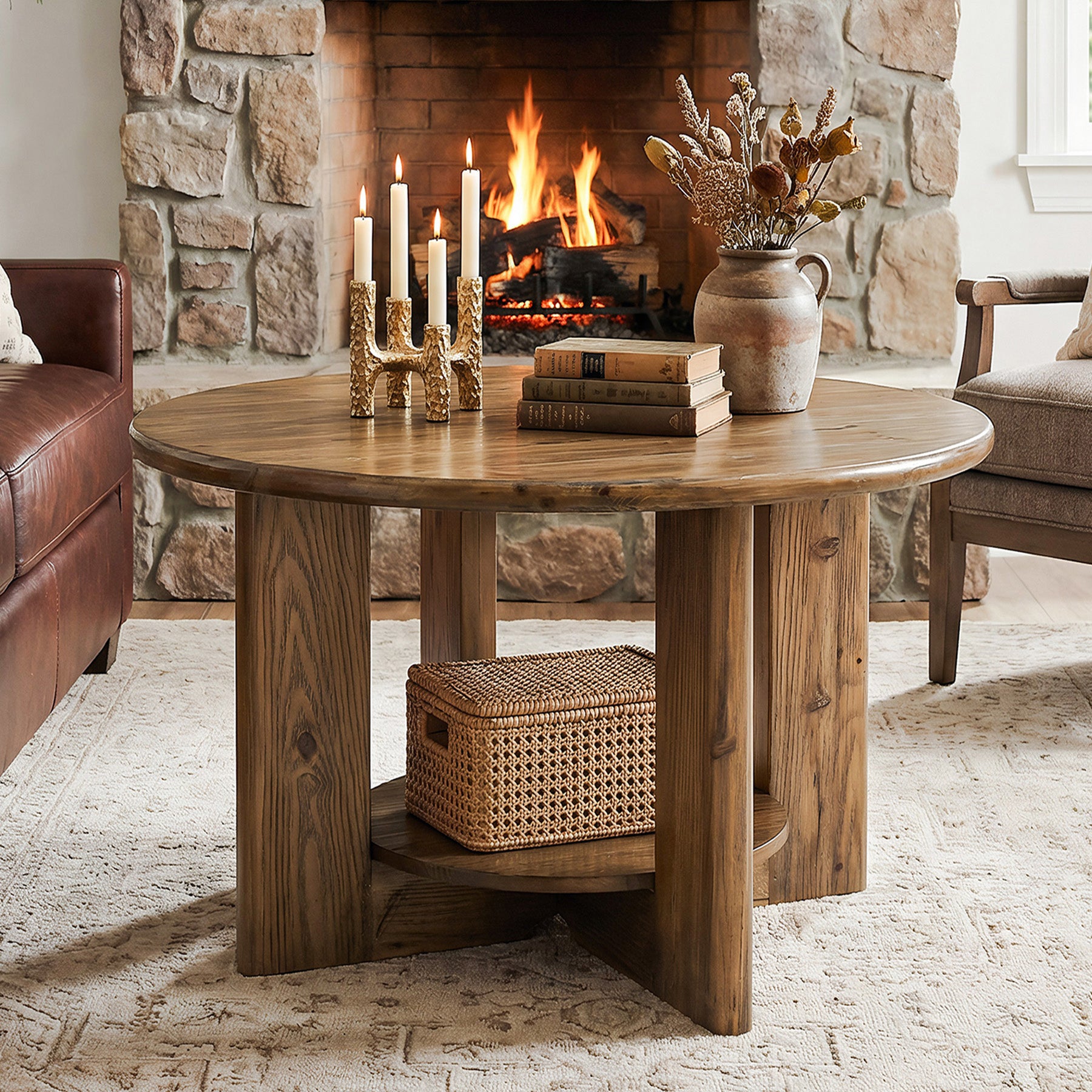 Tribesigns 80 cm Salontafel, Ronde 2-Laags Tafel met Opbergrek voor Woonkamer