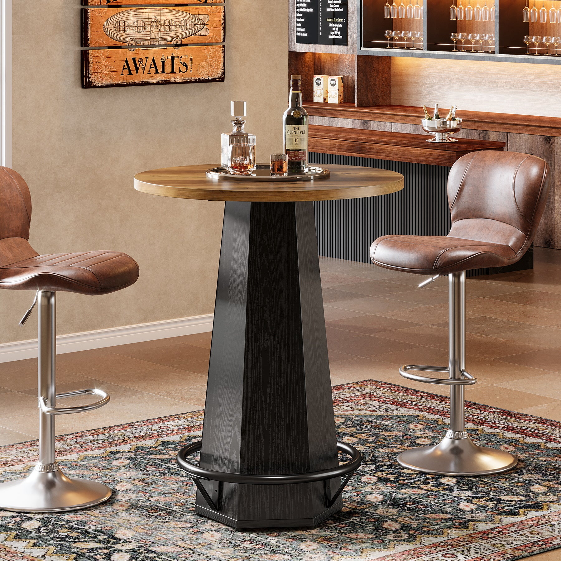 100 cm Ronde Bartafel voor 2 Personen, Industriële Eettafel met Voetenring