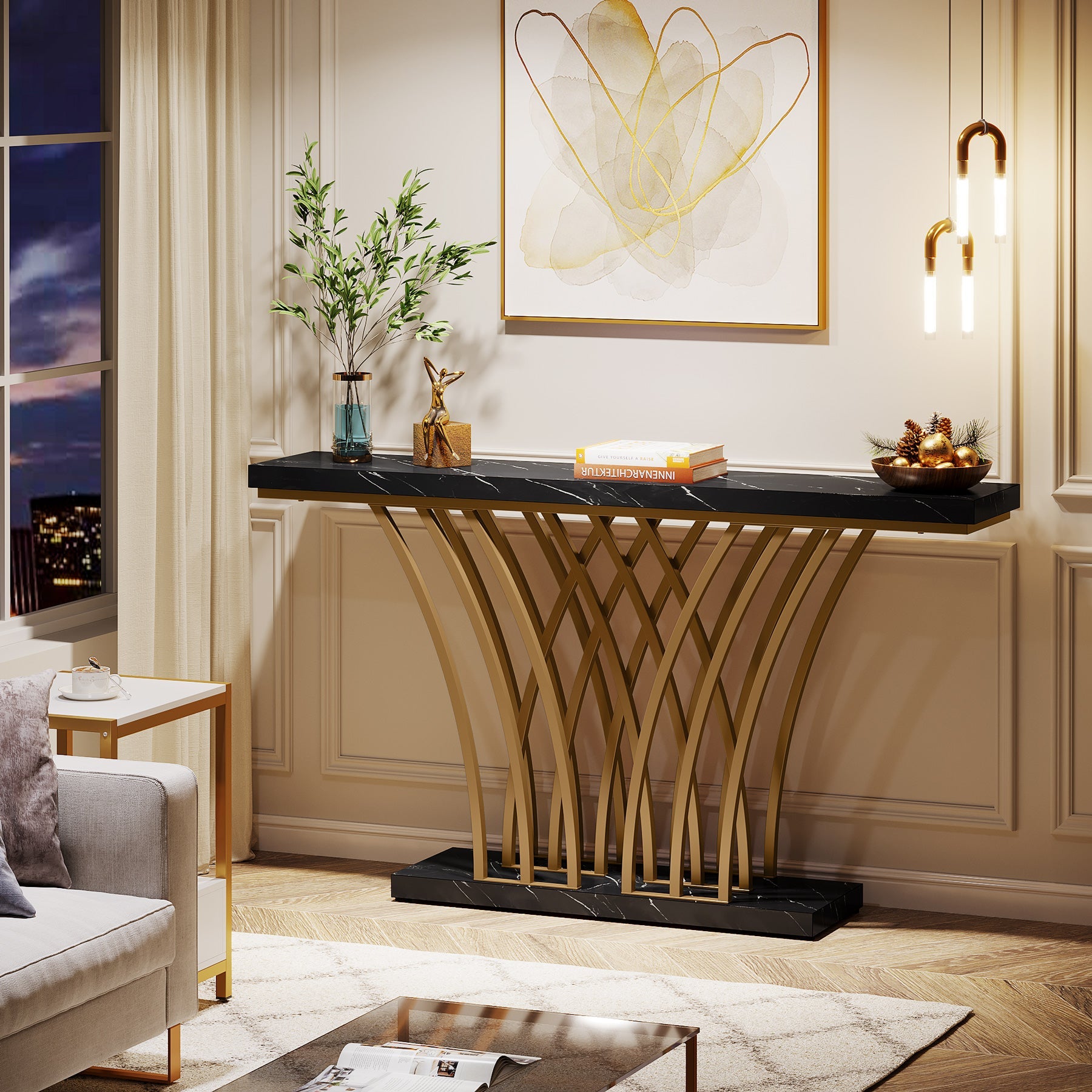 150 cm Gouden Consoletafel, Moderne Entreetafel met Raster Basis voor Hal en Woonkamer