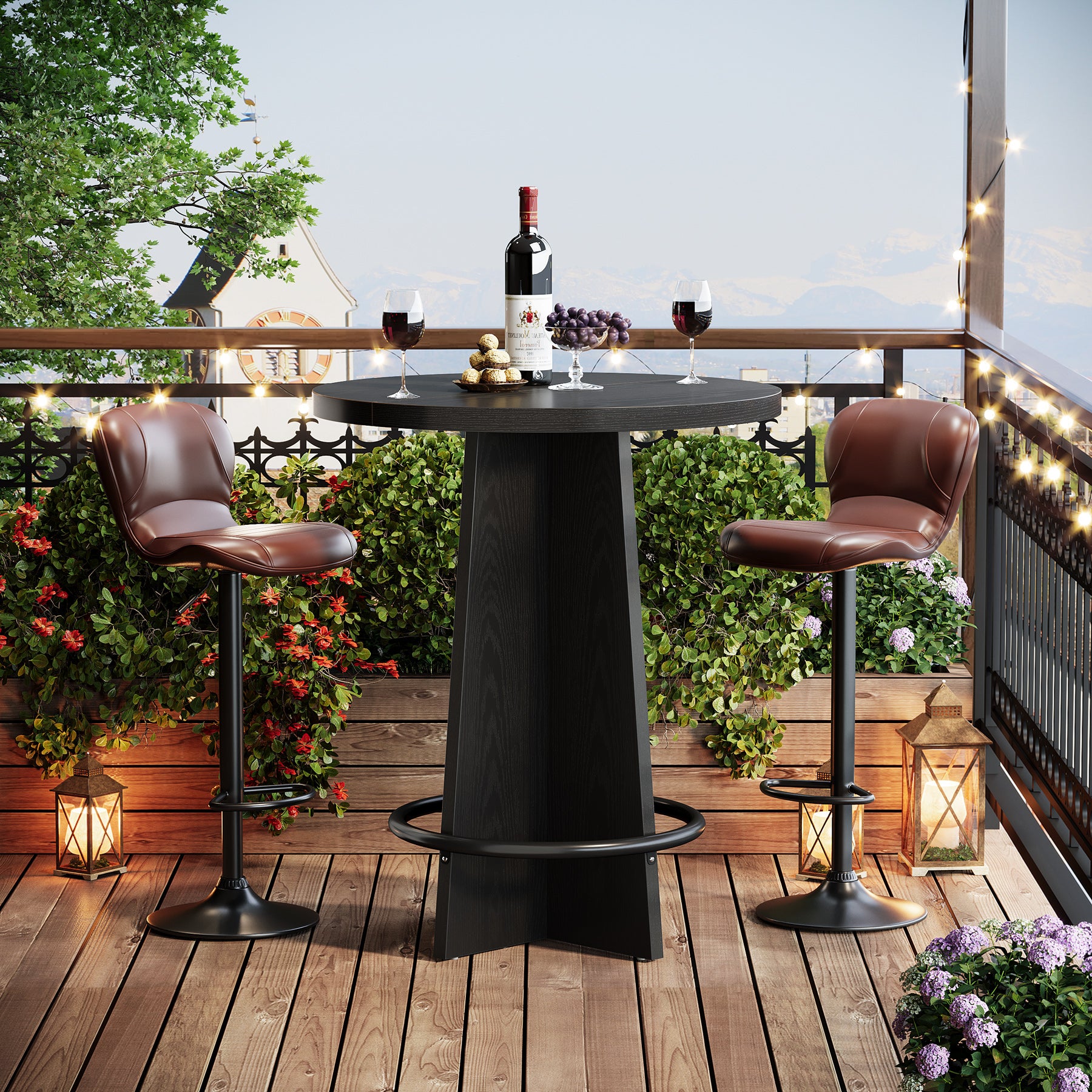 80 cm Bar Tafel, Houten Pub Tafel met Metalen Ringvoetsteun