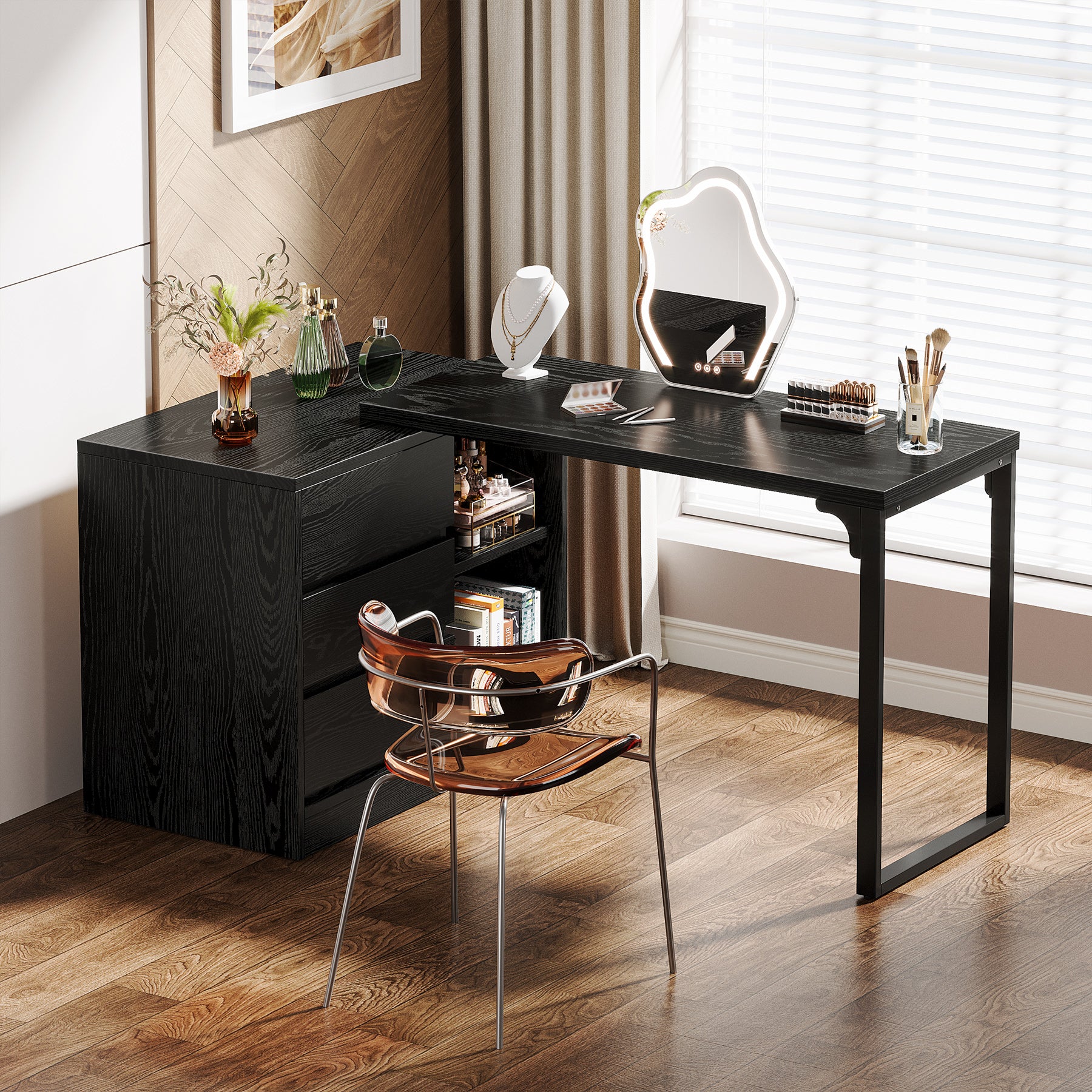 100 cm Kaptafel met 3 Laden en 2 Planken, Hoek Schminktafel met Opbergkast Zonder Spiegel