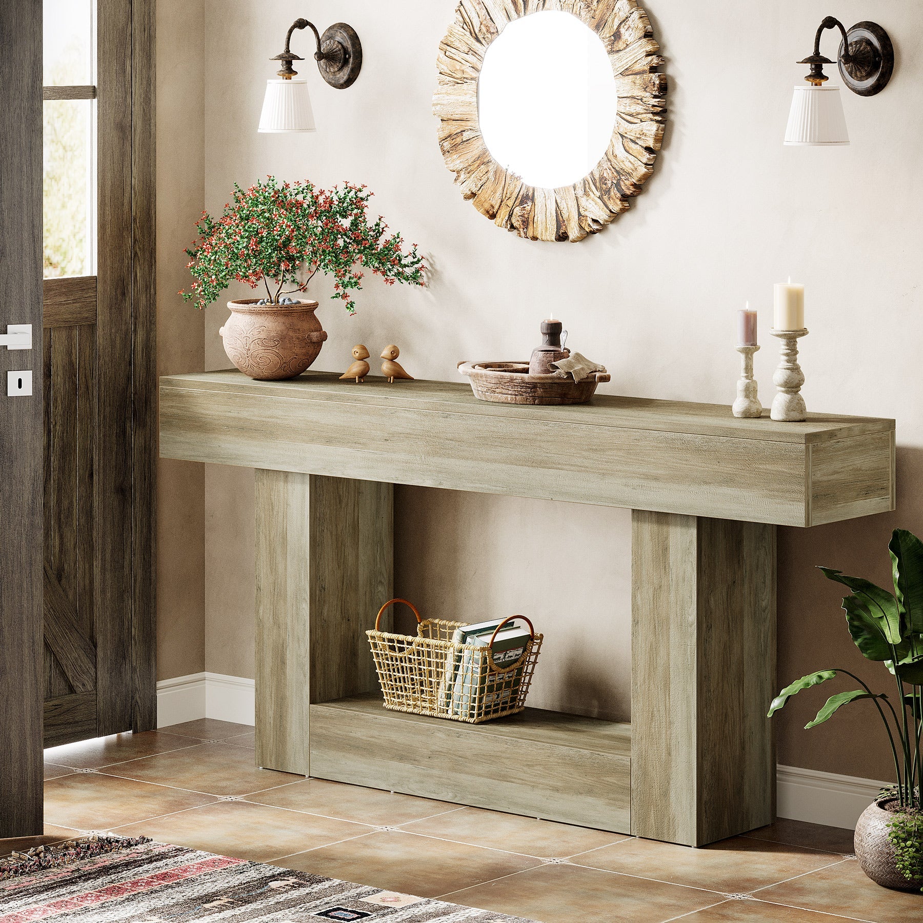 160 cm Boerenstijl Consoletafel, Tweelaagse Entreetafel met Opbergruimte in Rustiek Bruin