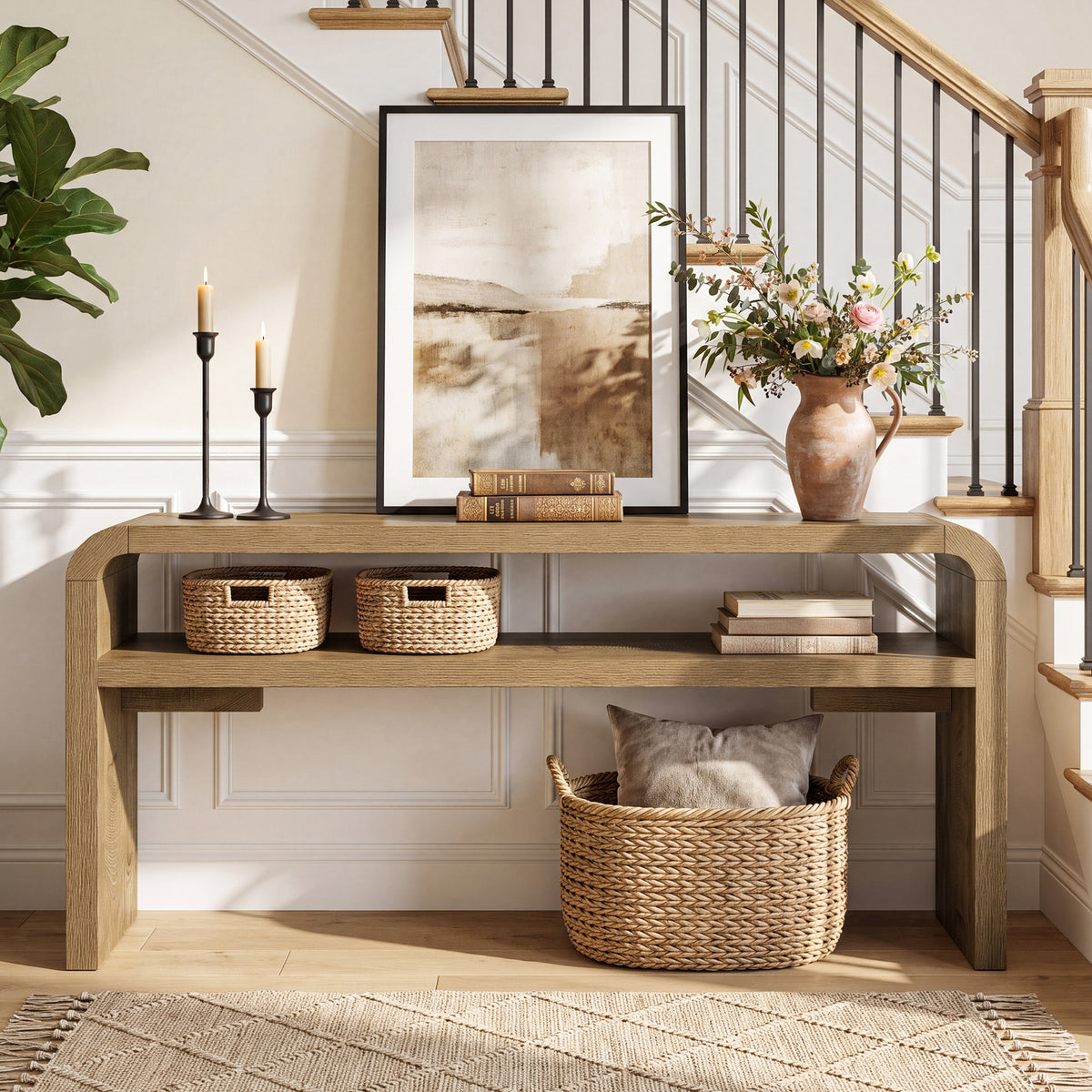 160 cm smalle consoletafel met 2-laags open opbergrek en landelijke houtlook, haltafel voor woonkamer en entree