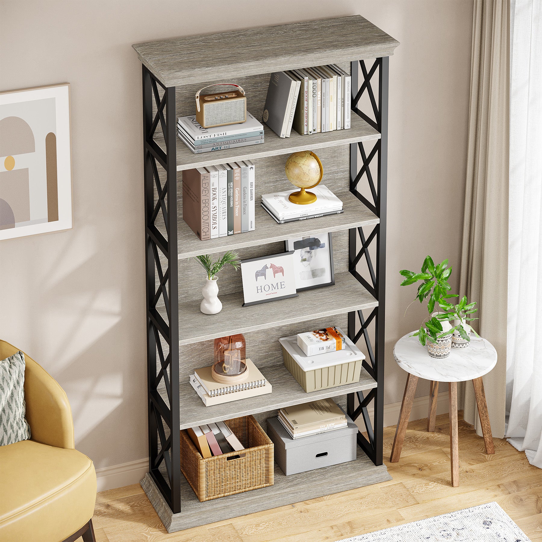 Industriële Boekenkast met Zes Planken, 180 cm Hoge Kast in Bruin en Zwart