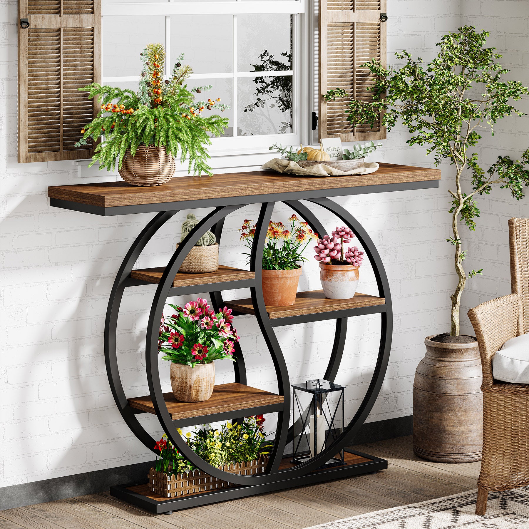 Consoletafel van 120 cm met 5 Lagen in Rustiek Bruin, Smalle Industriële Houten Hal- en Banktafel met Metalen Frame