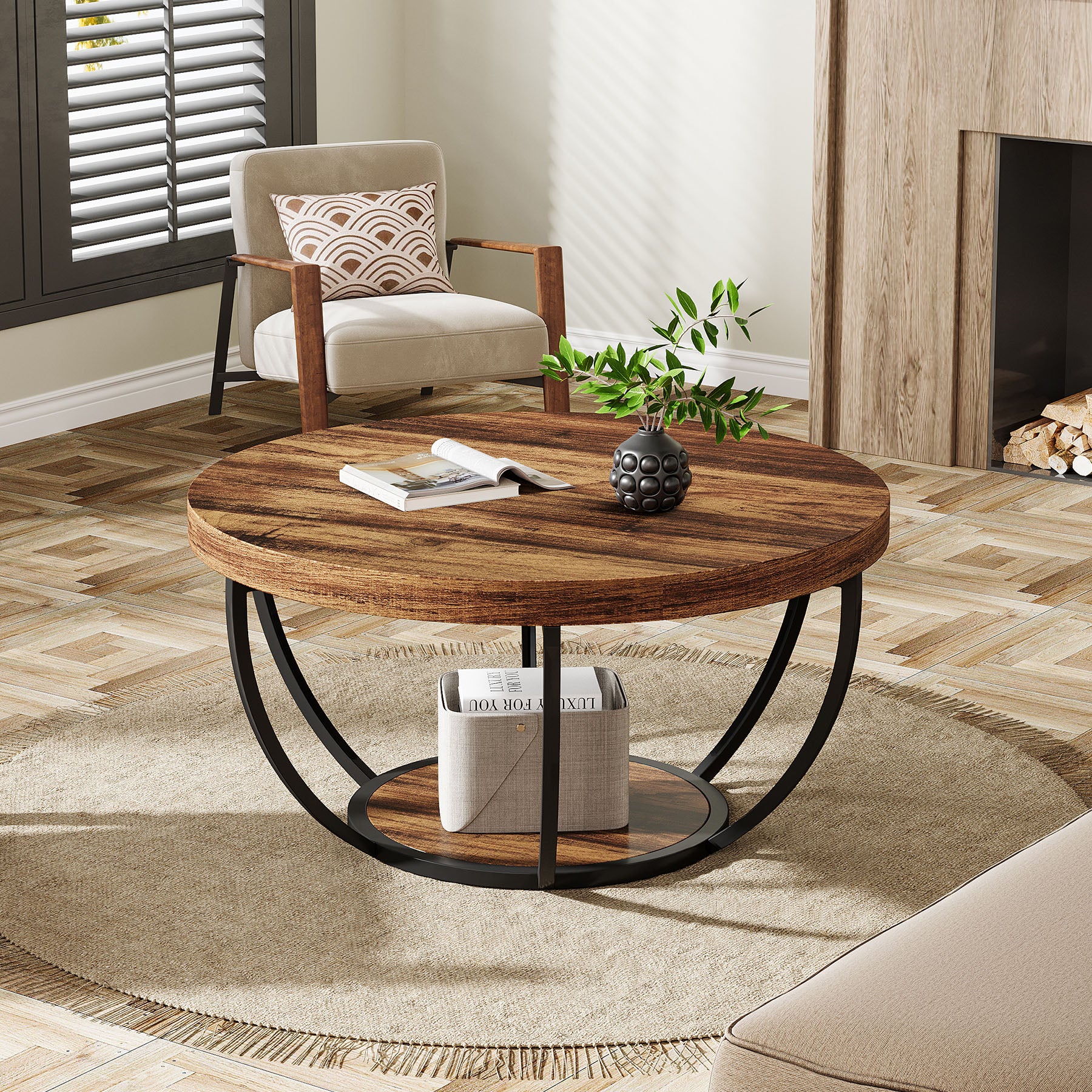 80,5 cm Ronde Industriële Salontafel, Tweelaags Middentafel in Rustiek Bruin en Zwart