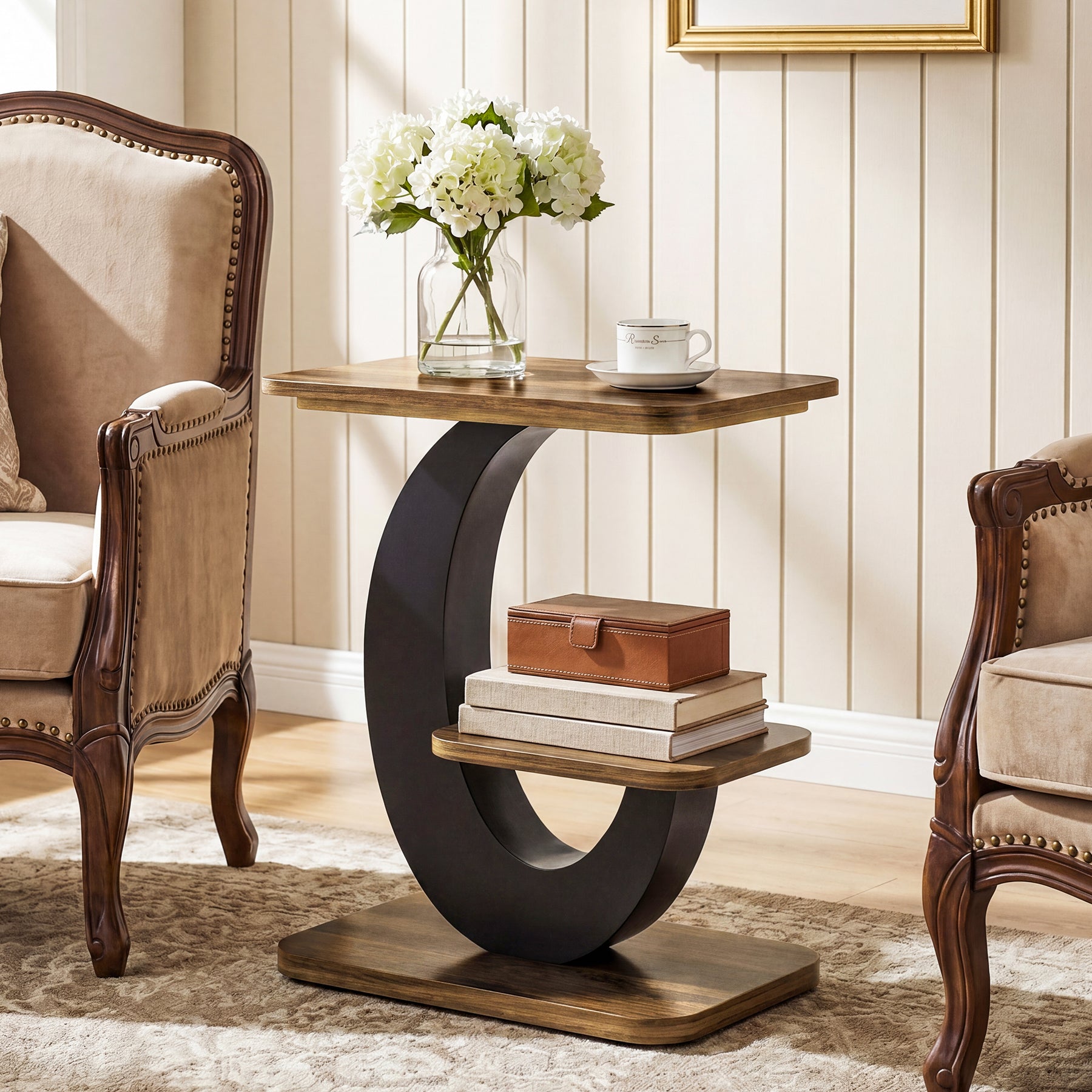60 cm Smalle Bijzettafel met 2 Niveaus, Industriële Houten Sidetable voor Woonkamer en Slaapkamer