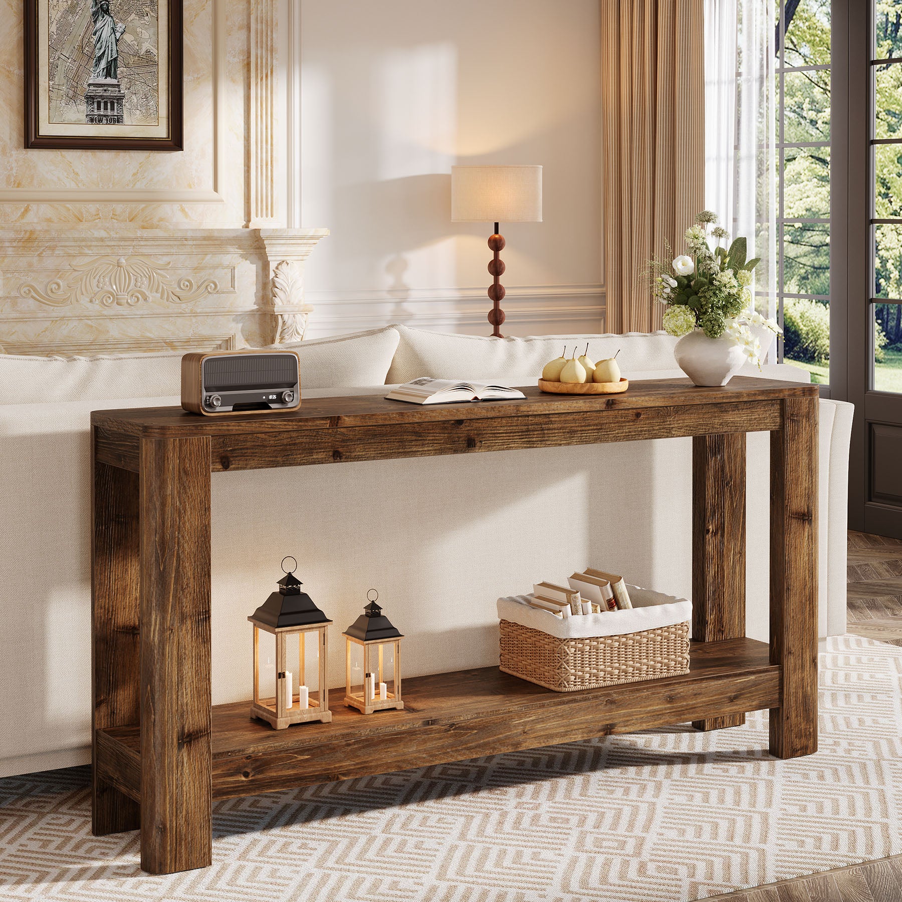 160 cm Massief Houten Consoletafel, Smalle Farmhouse Sidetable met Rek