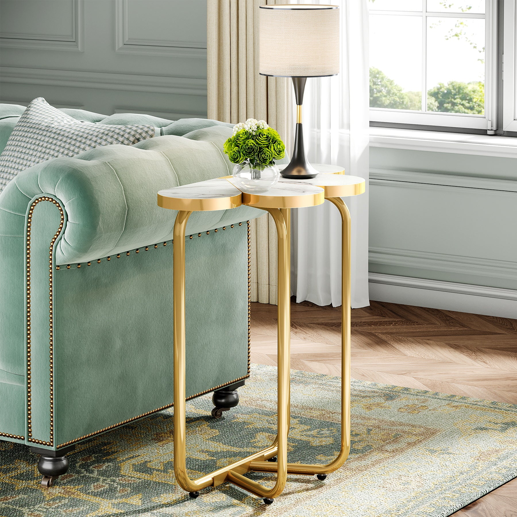 66 cm Smalle Bijzettafel, Halfronde Nachtkastje met Gouden Frame en Marmer Print