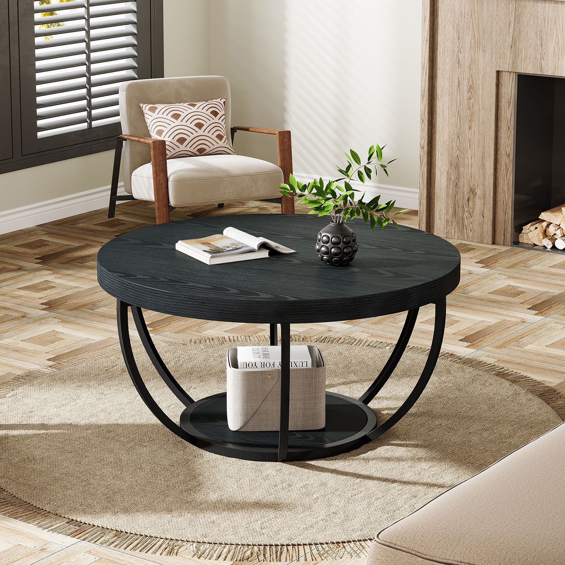 80,5 cm Ronde Industriële Salontafel, Tweelaags Middentafel in Rustiek Bruin en Zwart