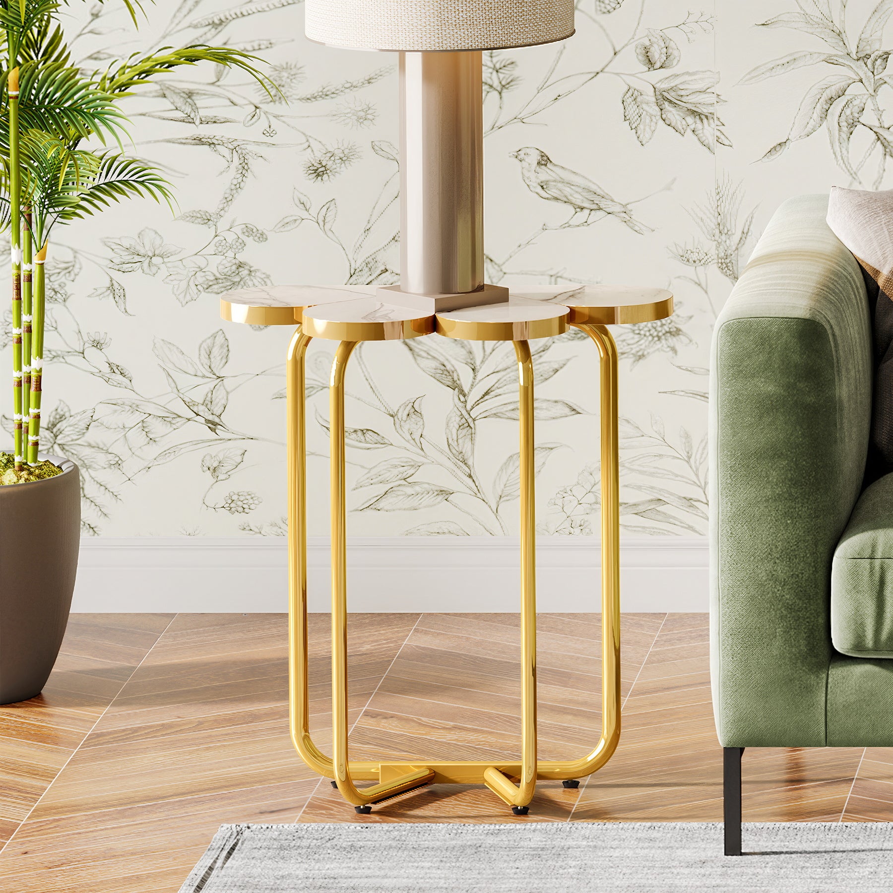 66 cm Smalle Bijzettafel, Halfronde Nachtkastje met Gouden Frame en Marmer Print