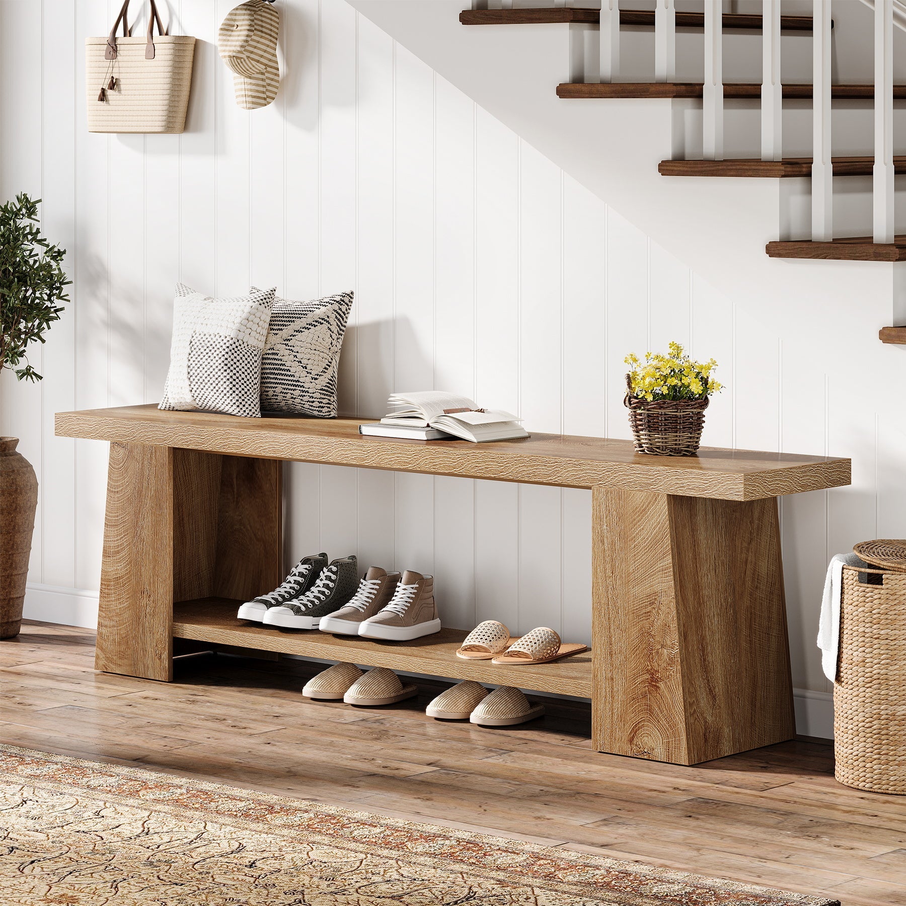 Tribesigns Schoenbank 150 cm met planken, Extra lange zitbank in landhuisstijl voor hal & slaapkamer
