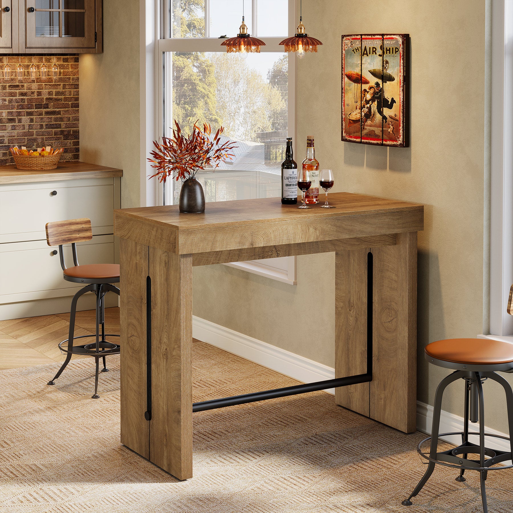 105 cm Bartafel met Metalen Voetsteun, Rechthoekige Statafel voor Keuken en Bistro (Alleen Tafel)