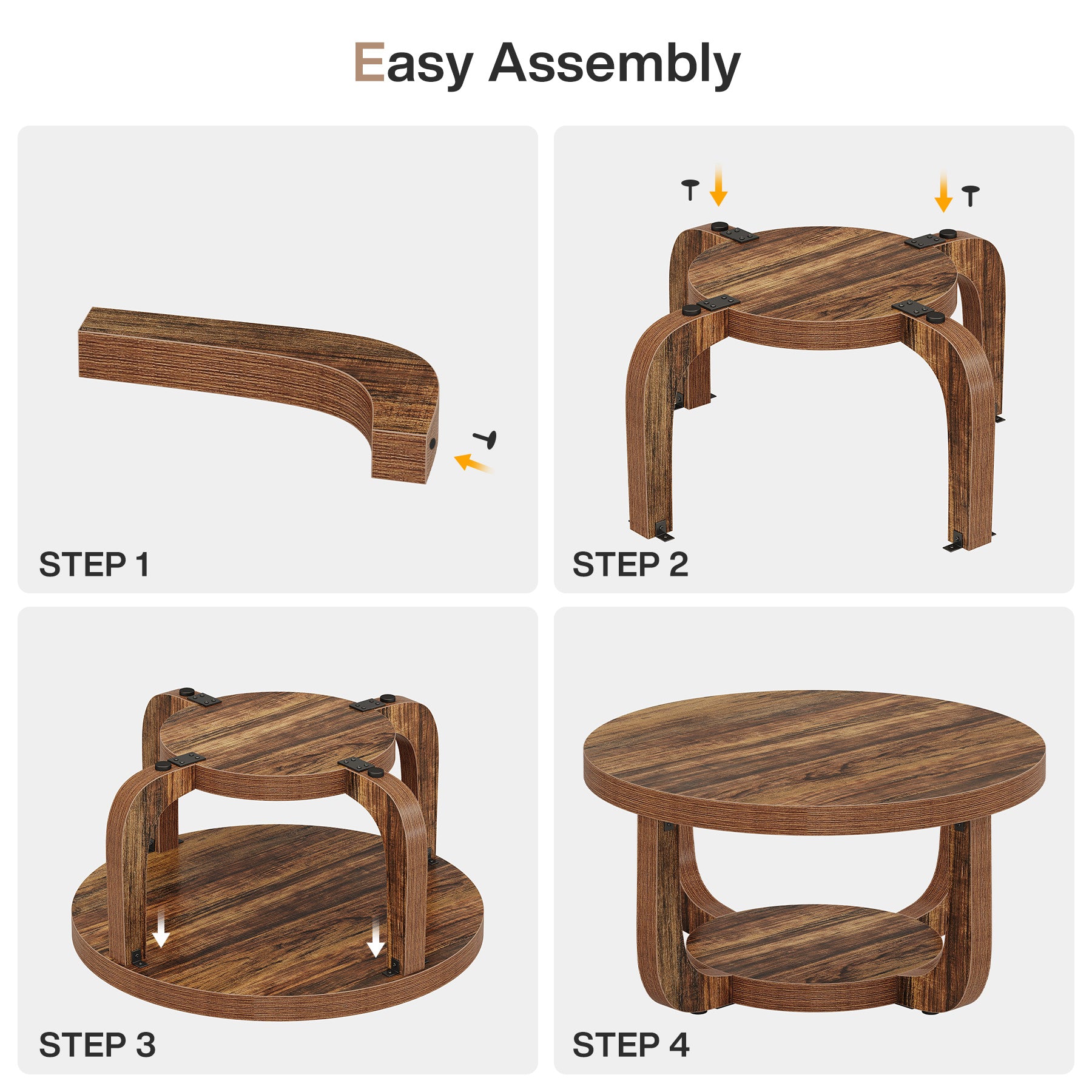 Ronde Salontafel van 80 cm met 2 Lagen en Opbergruimte, Moderne Houten Accenttafel in Rustiek Bruin voor Woonkamer