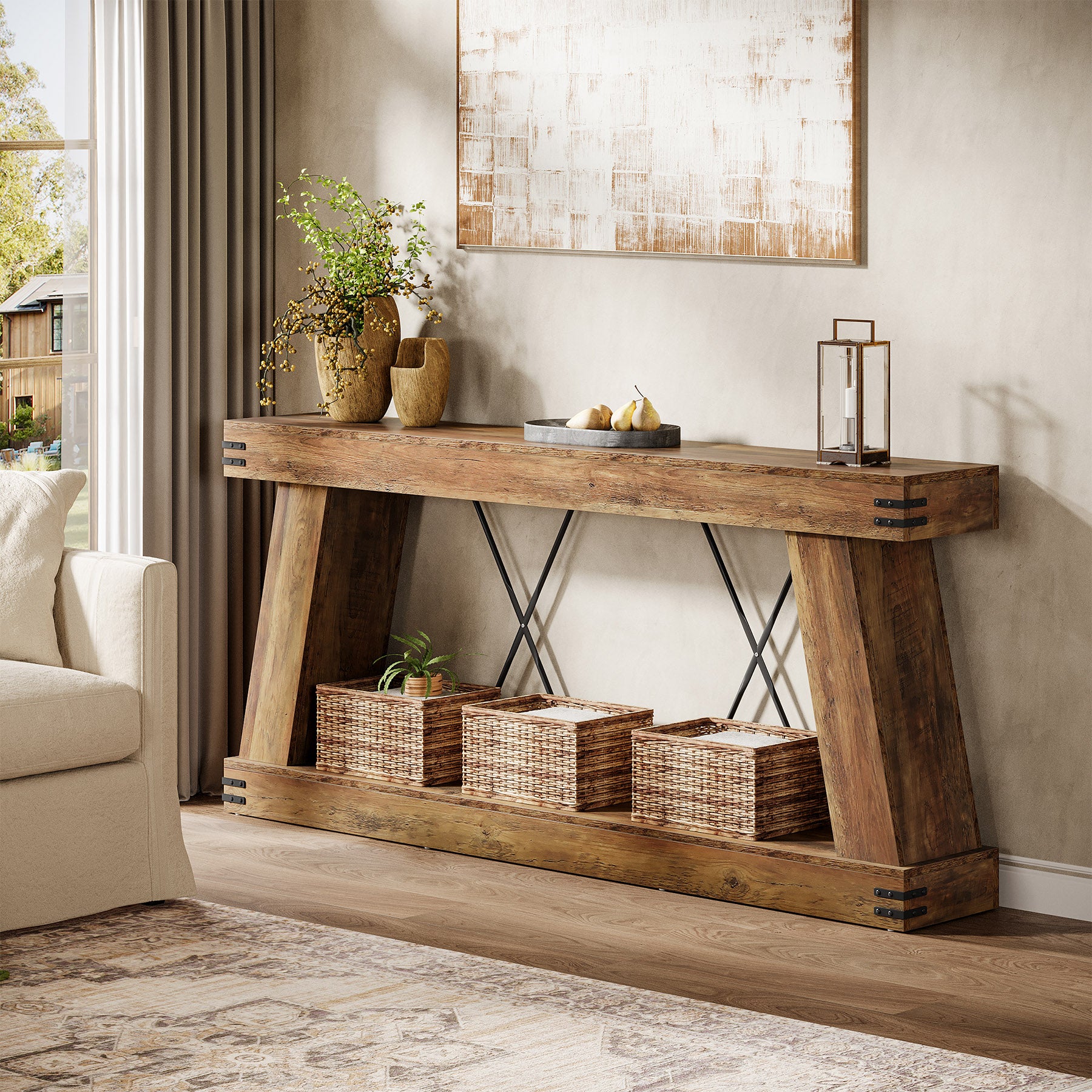 180 cm Lange Consoletafel met Opbergruimte, Smalle Houten Haltafel voor Woonkamer en Entree
