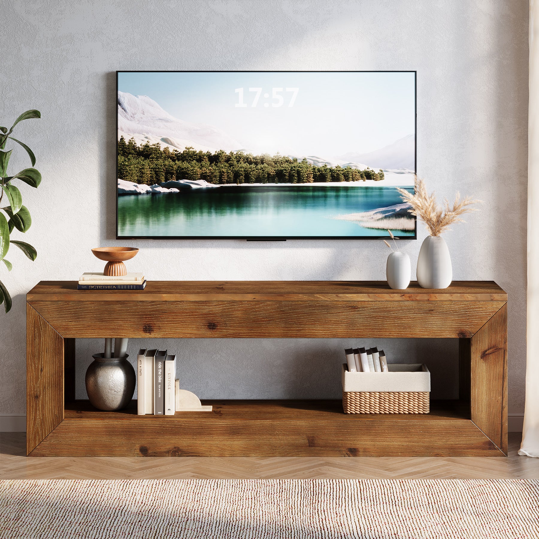 120 cm Tribesigns massief houten tv-meubel met opbergruimte, landelijke lage mediakast voor woonkamer en slaapkamer