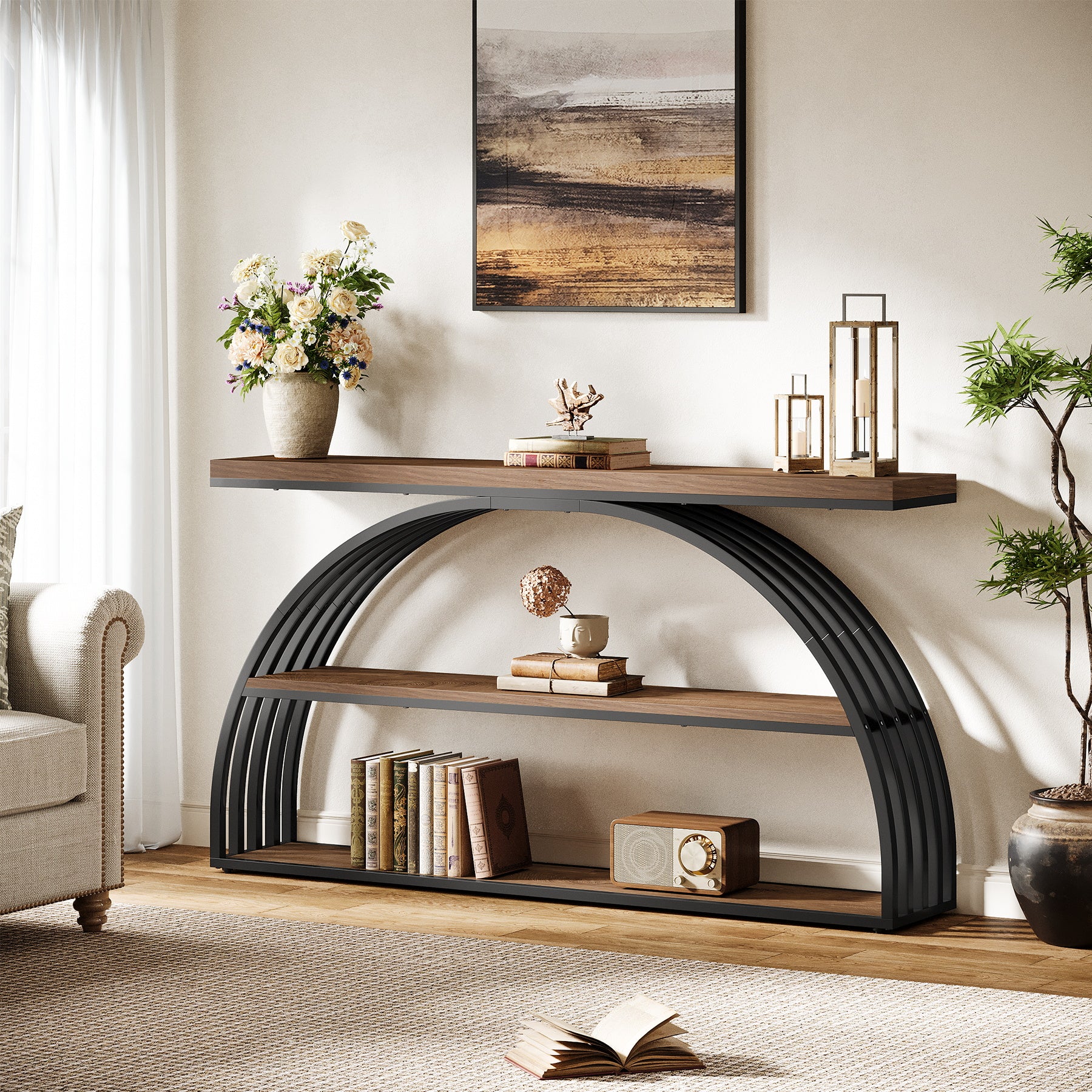 Consoletafel van 160 cm in Rustiek Bruin met Gebogen Frame, Industriële 3-Lagen Hal- en Banktafel voor Woonkamer en Entree