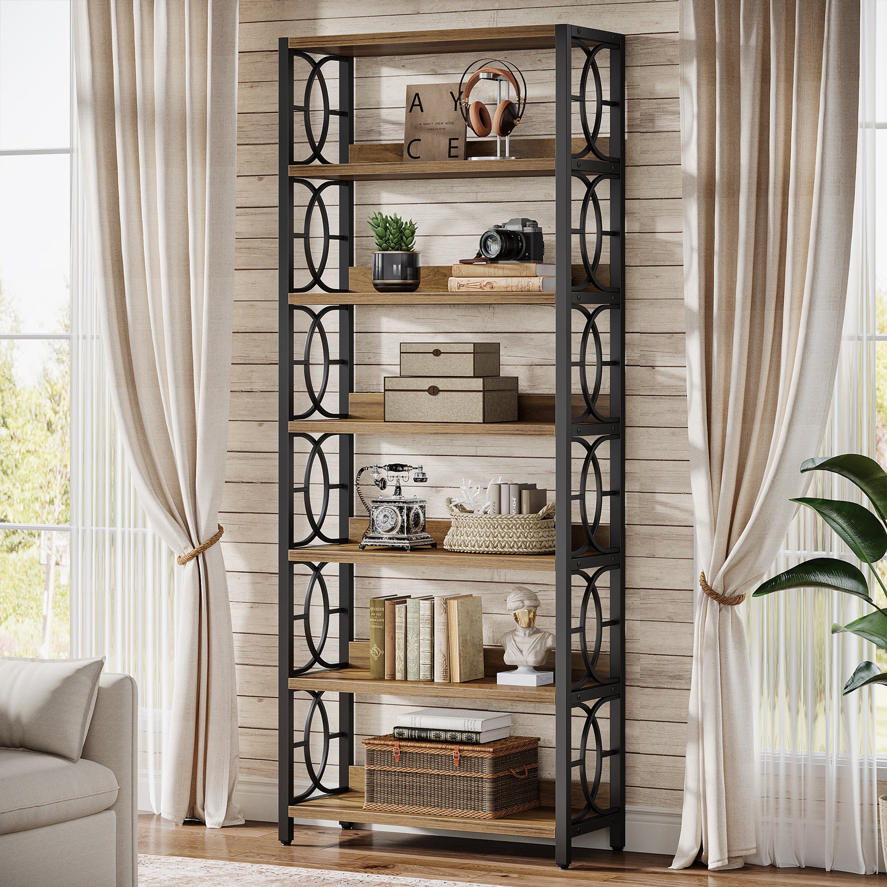 180 cm Boekenkast met 6 Niveaus, Industrieel Vrijstaand Displayrek met Metalen Frame