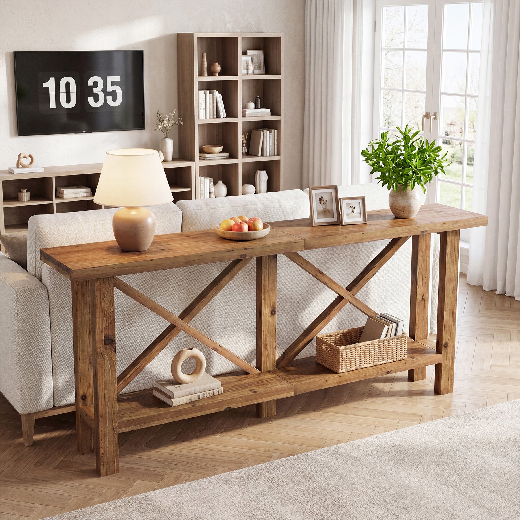 180 cm Tribesigns smalle consoletafel, 2-laagse haltafel van massief hout