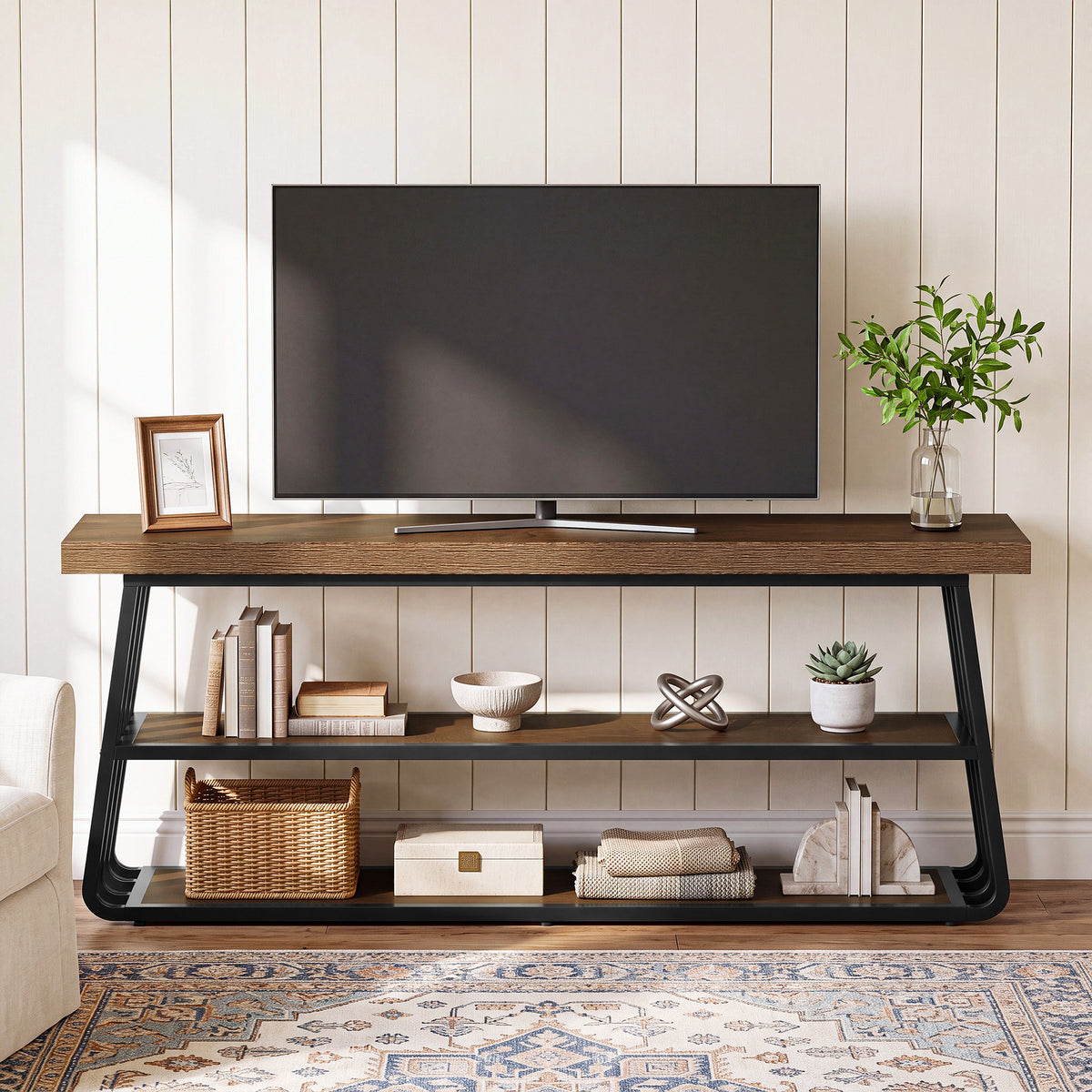 160 cm tv-meubel met 3-laags open opbergrek en metalen frame, industriële tv-kast voor woonkamer en entertainmentruimte