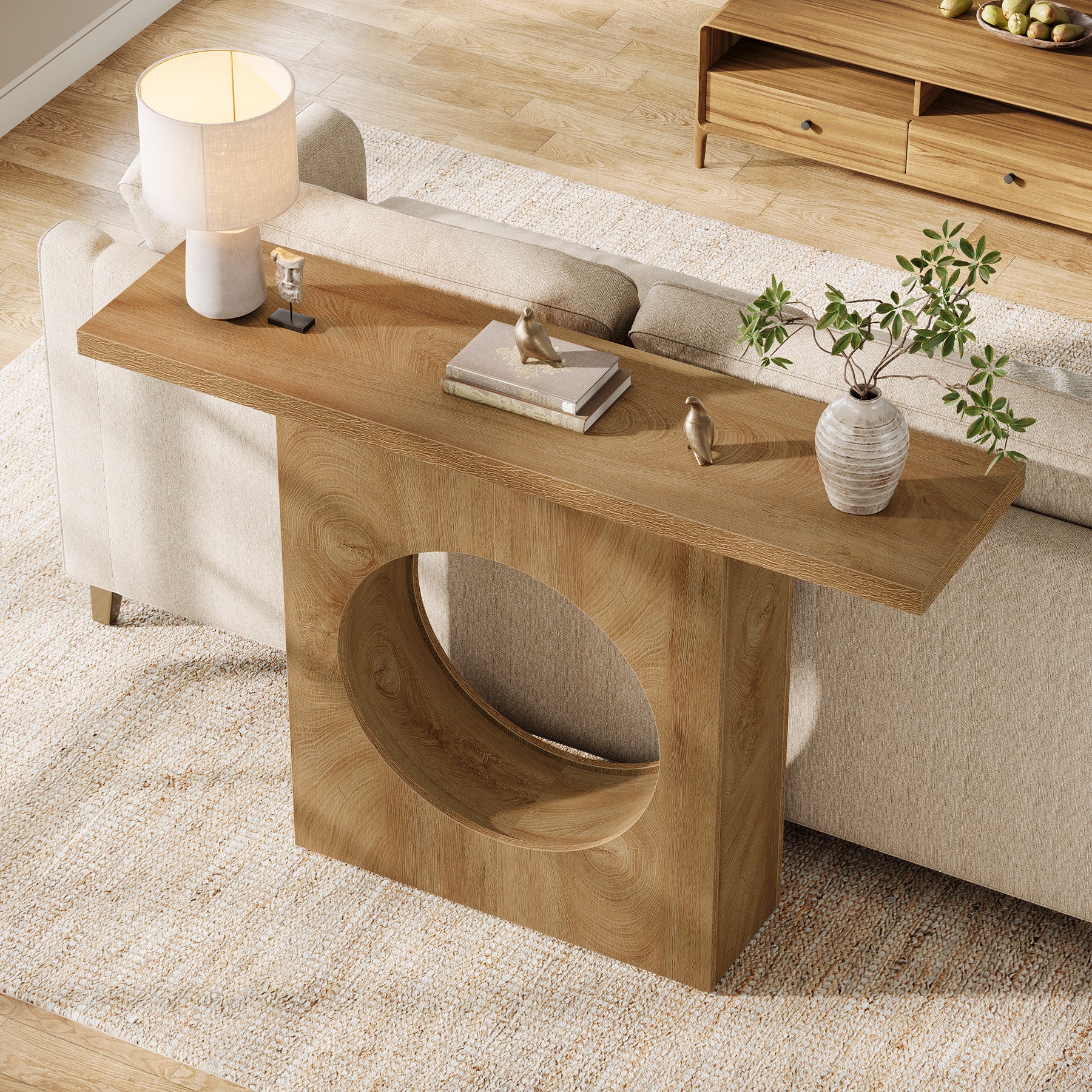 105 cm Landelijke Consoletafel met Rond Gat Ontwerp, Smalle Haltafel voor Woonkamer
